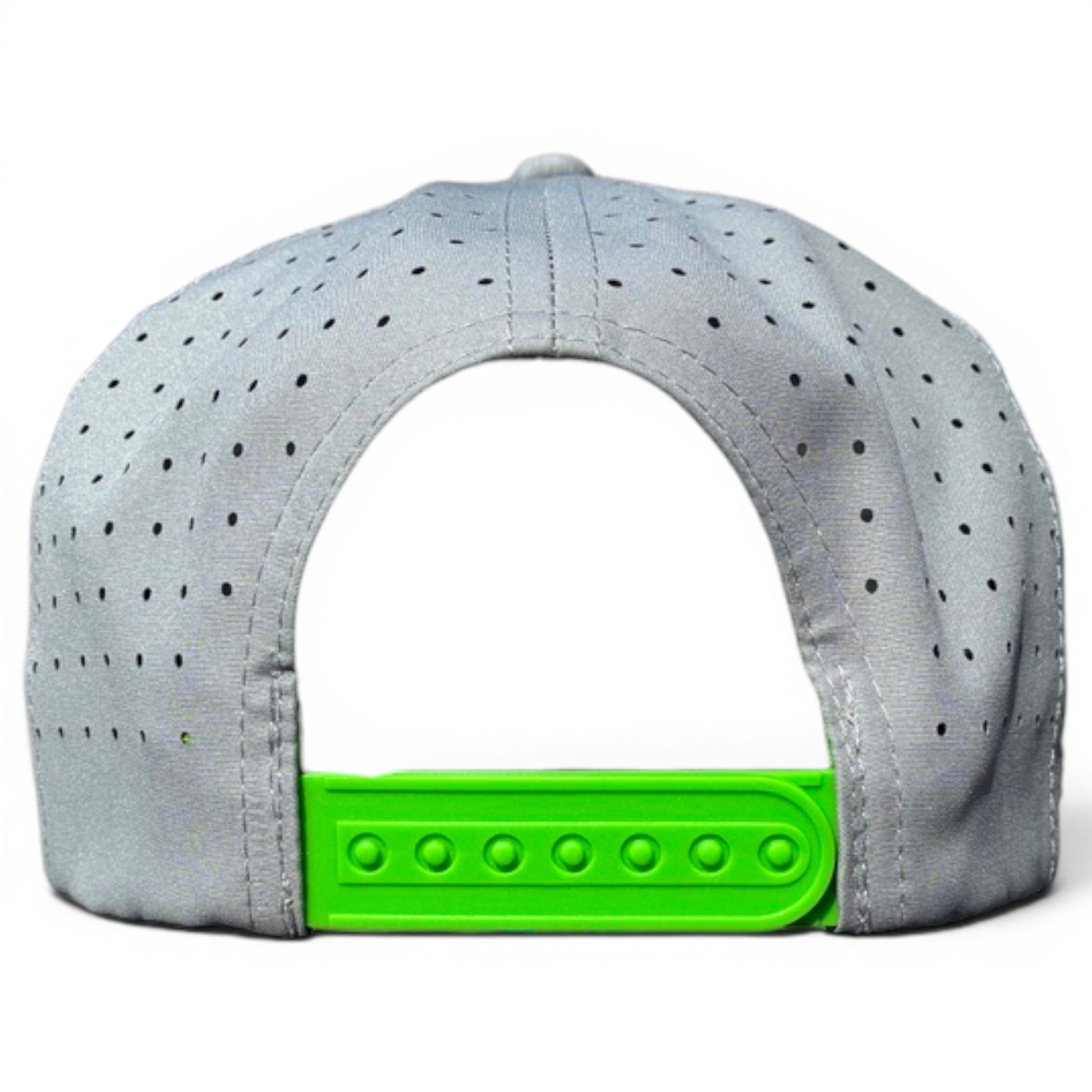 Back view of the Alien Caddy Golf Hat, a gray adjustable snapback cap with black perforated dots, bright green strap, and built-in magnetic ball marker holder with marker included.