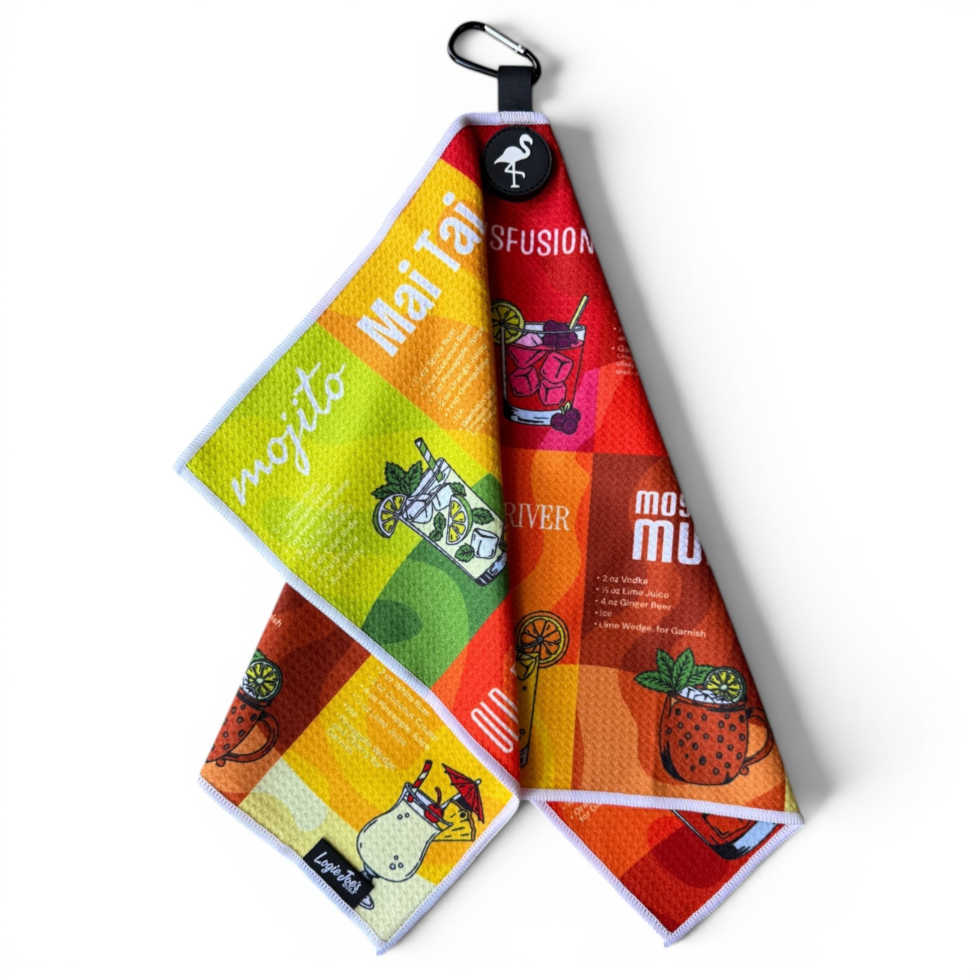 The Classic Cocktails Golf Towel is a 24" x 16" microfiber towel with cocktail illustrations and names, plus a magnetic clip and carabiner for hanging—a premium golf accessory.