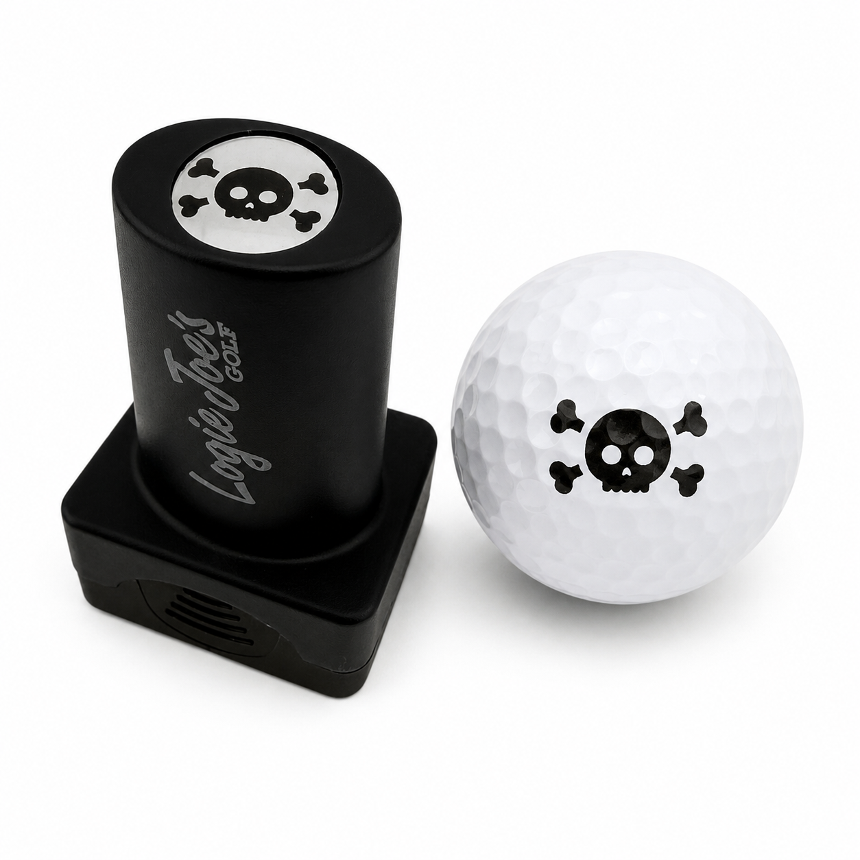 The Skull & Bones Stamp features quick-dry ink and a bold skull and crossbones design for easy golf ball identification—a fun, personalized Logic Tees Golf accessory and perfect gift for any golfer.