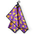The Purple Dino Chicken Nugget Golf Towel is a 24” x 16” microfiber towel with a yellow dinosaur pattern, black trim, flamingo logo tag, and includes both a magnetic clip and carabiner for easy attachment.
