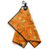 The Orange Dino Chicken Nugget Golf Towel (24” x 16”) is a microfiber towel featuring a playful dino chicken nugget pattern, black border, magnetic clip, carabiner, and round logo tag attached at the top corner.