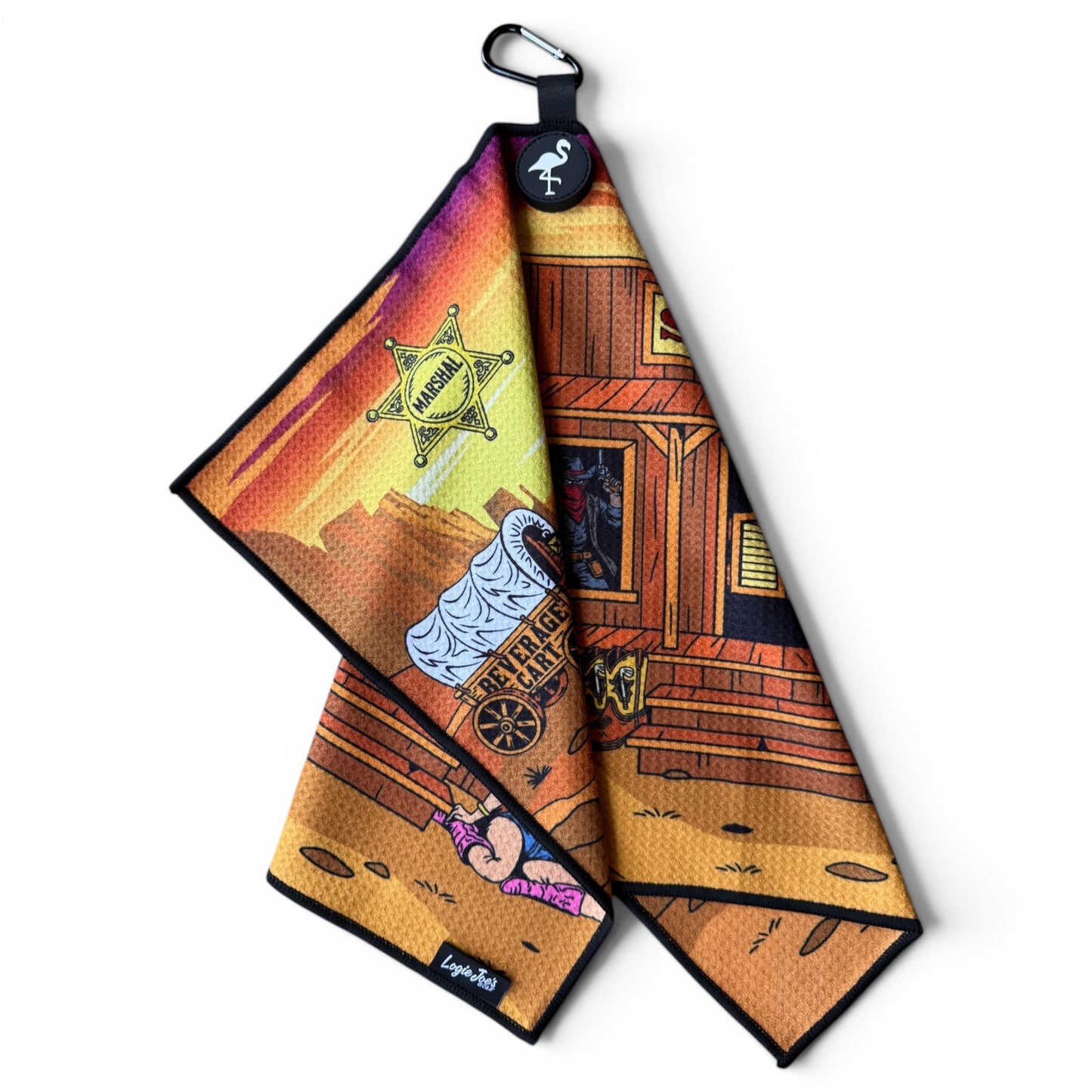 The Wild Wild West Golf Towel (24” x 16”) is a colorful microfiber towel with a vivid western scene, featuring a magnetic clip and carabiner for easy attachment—an essential premium golf accessory.
