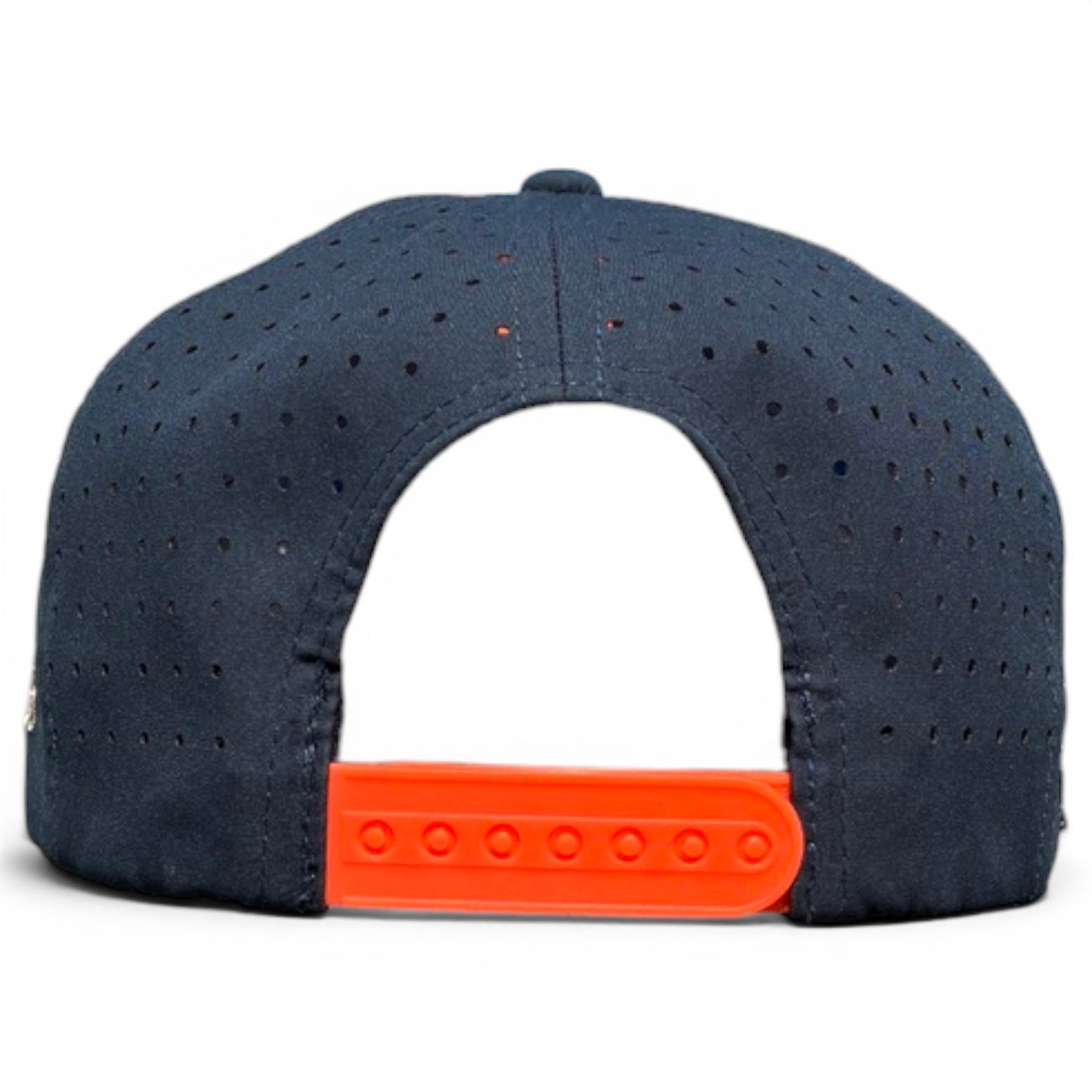 The Parrot Patrol Golf Hat in steel blue features a perforated back view, an orange adjustable snapback strap with multiple holes, and comes with a built-in magnetic ball marker holder plus marker.