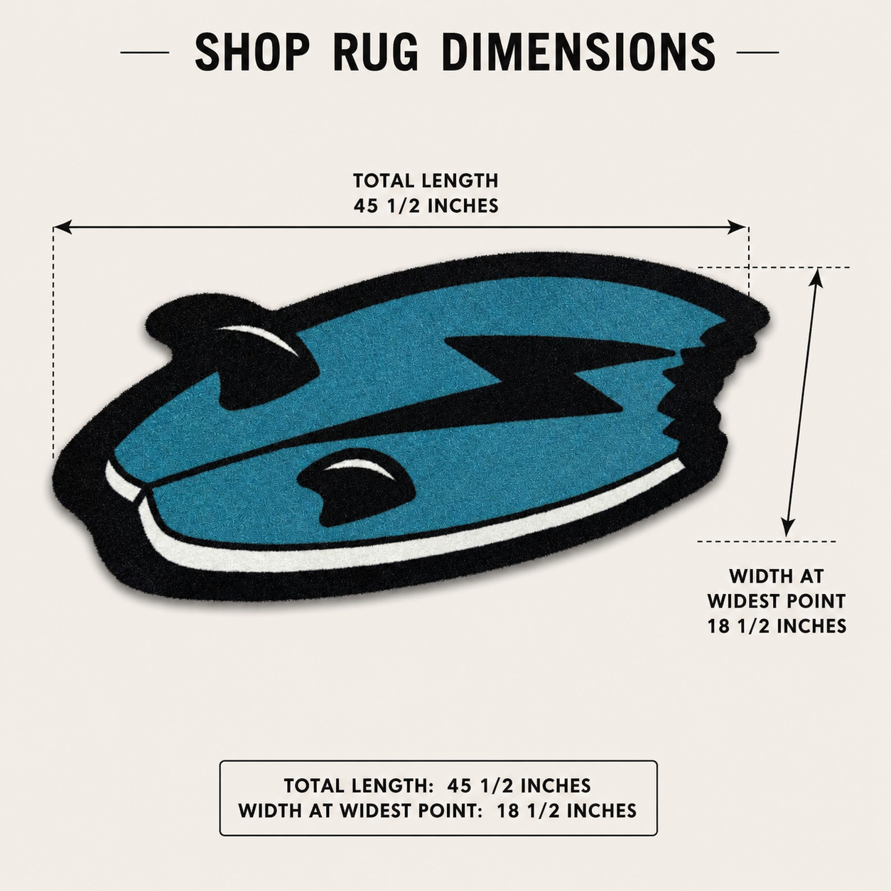 Shark Bite golf shop mat, surfboard-shaped in blue and black with lightning bolt design—perfect as a unique cart accessory. Dimensions: 45.5" long, 18.5" at widest point (arrows indicate measurement points).