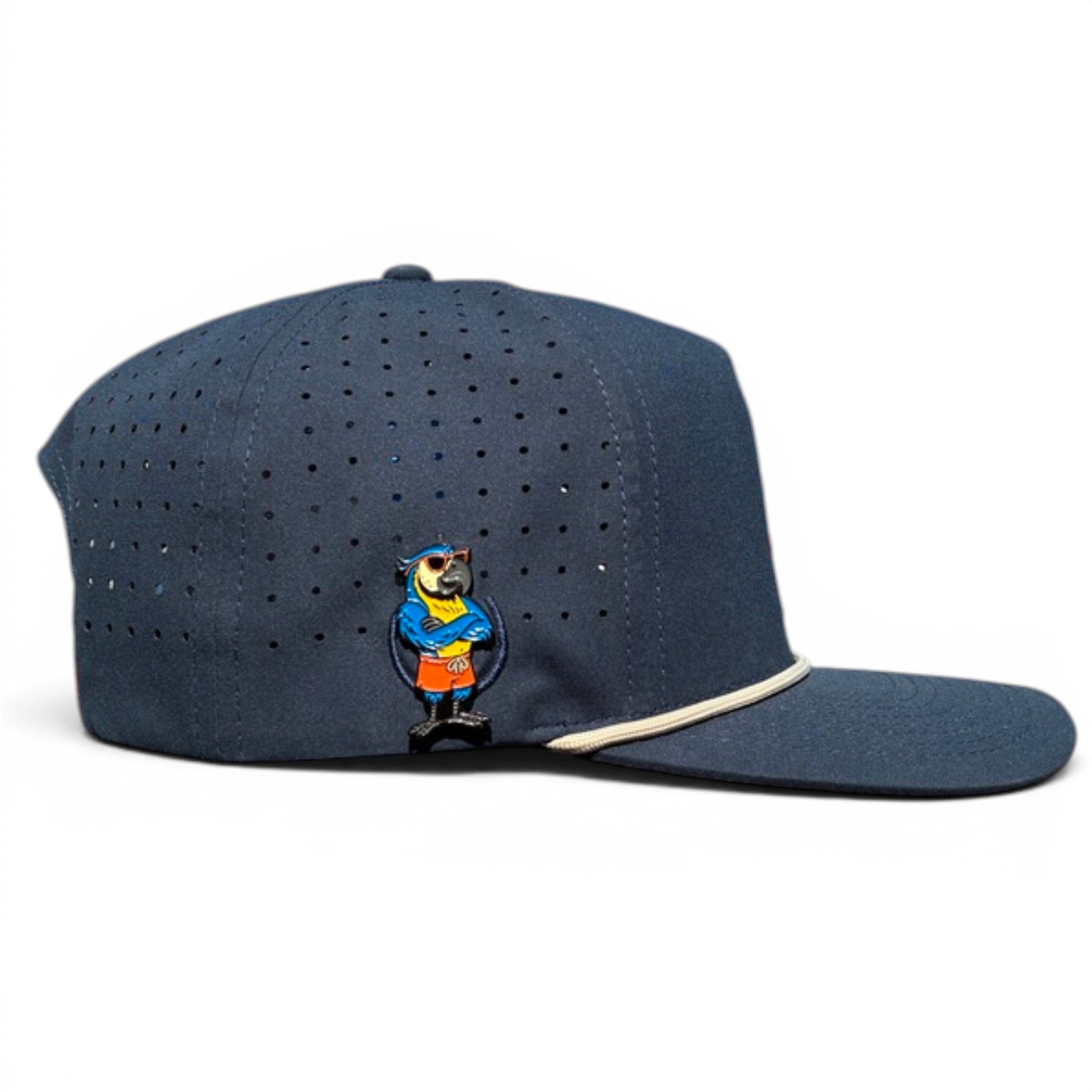The Parrot Patrol Golf Hat is an adjustable steel blue snapback cap with ventilation holes, a white accent line, an embroidered cartoon bear on the side, and includes a built-in magnetic ball marker holder with marker.
