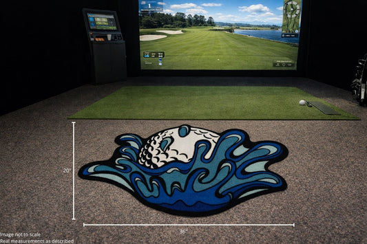 The Water Ball Golf Shop Mat is a 20 x 36 non-slip rug with a blue water-themed golf ball design, perfect as a cart accessory for your golf simulator setup with screen, green mat, club, and ball.