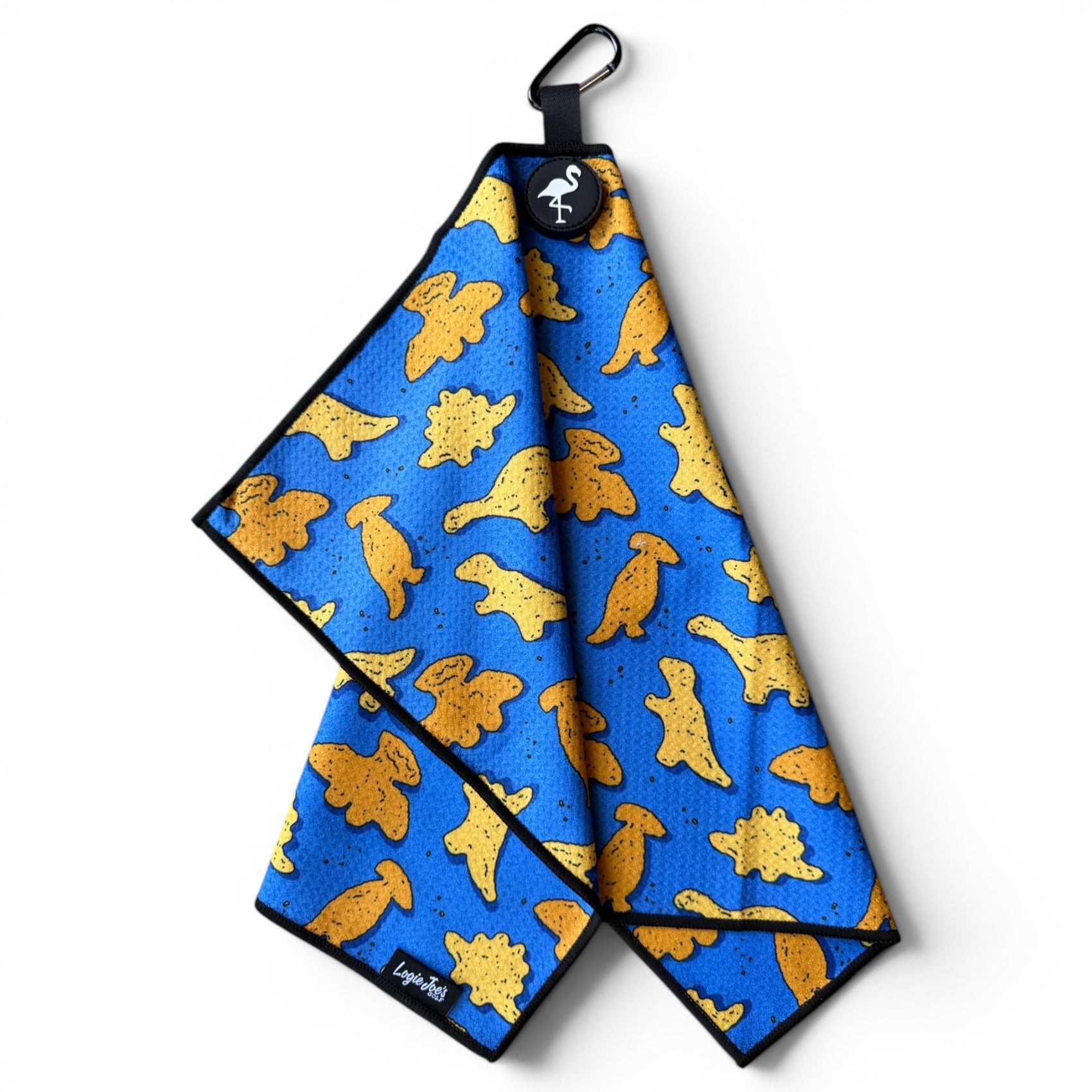 A blue Dino Chicken Nugget golf towel (24” x 16”) made of microfiber, featuring a magnetic clip, carabiner for hanging, and premium design as a fun golf accessory.