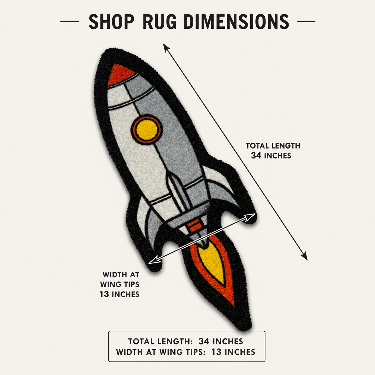 Illustration of the Pocket Rocket Golf Shop Mat (Cart Accessory) with labeled dimensions: total length 34", width at wing tips 13". Text above reads "Shop Rug Dimensions.