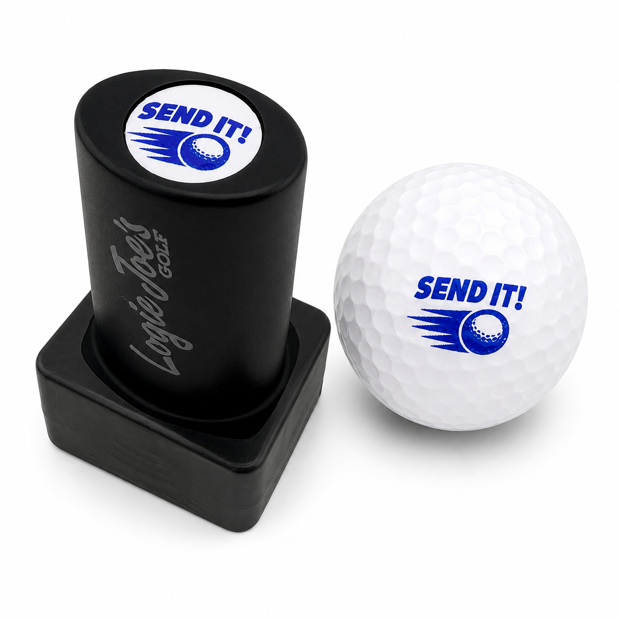 The Send It Golf Ball Stamp, featuring quick-dry ink and the blue SEND IT! logo with a fast-moving golf ball graphic, sits beside a white golf ball—making it the perfect fun and personalized golf gift for easy ball identification.