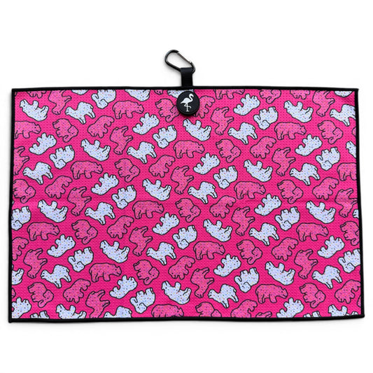 The Frosted Animal Cookie Golf Towel is a 24” x 16” pink microfiber towel with a white and pink cartoon elephant pattern, black border, and features a magnetic clip with carabiner, making it a premium golf accessory.