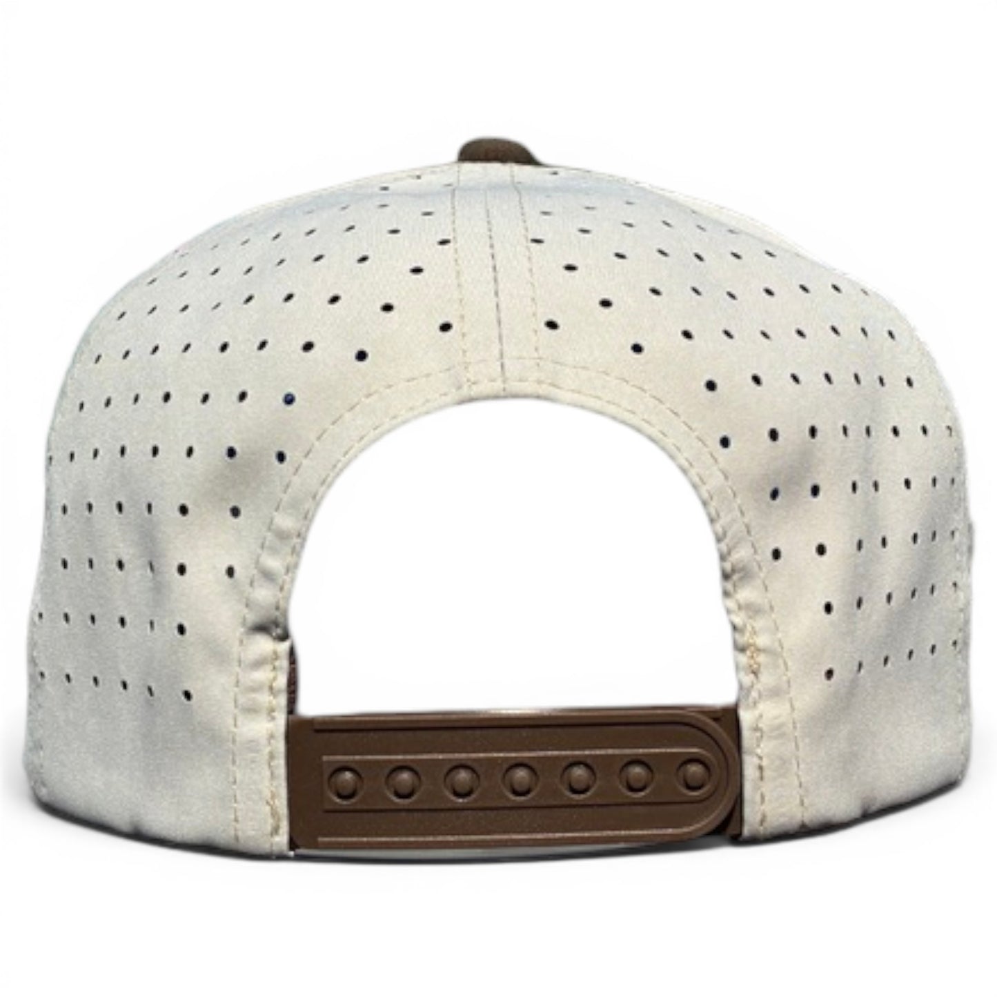 The Longhorn Golf Hat features a tan bull skull design, small ventilation holes, a brown adjustable snapback strap, built-in magnetic ball marker holder with marker included, and classic golf hat style shown from the back.