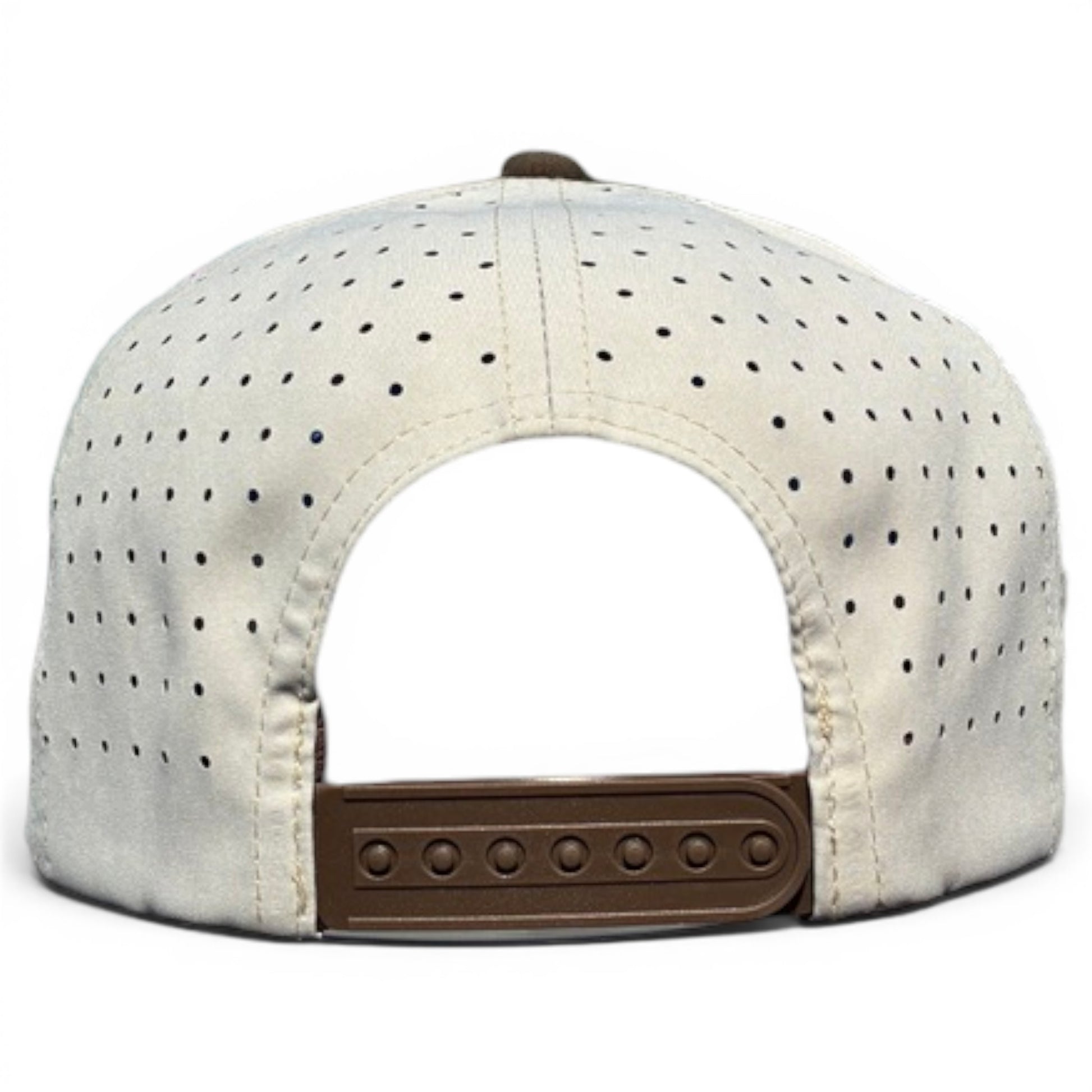 The Longhorn Golf Hat features a tan bull skull design, small ventilation holes, a brown adjustable snapback strap, built-in magnetic ball marker holder with marker included, and classic golf hat style shown from the back.