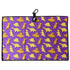 The Purple Dino Chicken Nugget Golf Towel (24” x 16”) features yellow and orange cartoon dinosaurs on a purple microfiber towel with black border, hanging loop, magnetic clip, and carabiner—a stylish premium accessory for golfers.