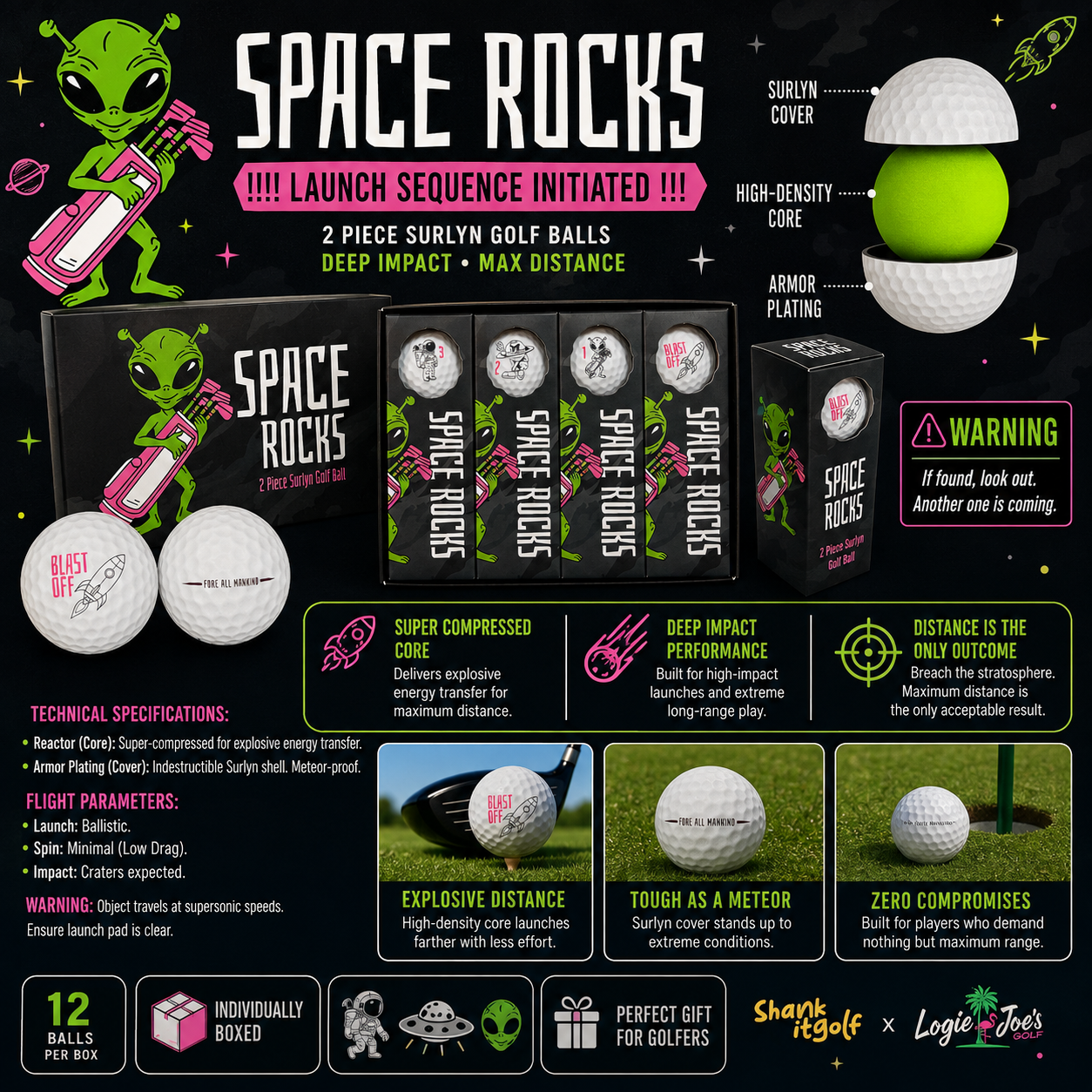 Space Rocks Distance Series Golf Balls | 2-Piece Surlyn Golf Balls | 12-Pack