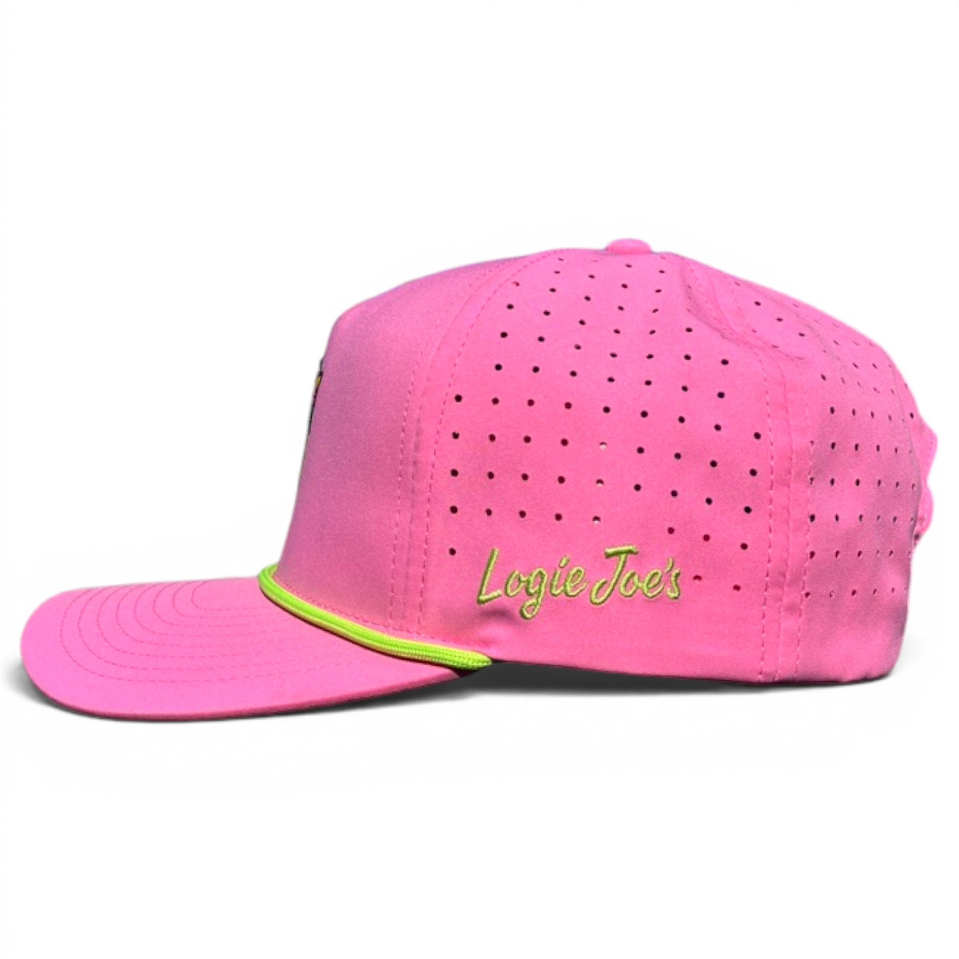 A bright pink Coconut Cocktail Golf Hat with a flat brim, neon green edge accent, "Logie Joes" yellow-green side embroidery, adjustable snapback fit, and built-in magnetic ball marker holder with marker included.