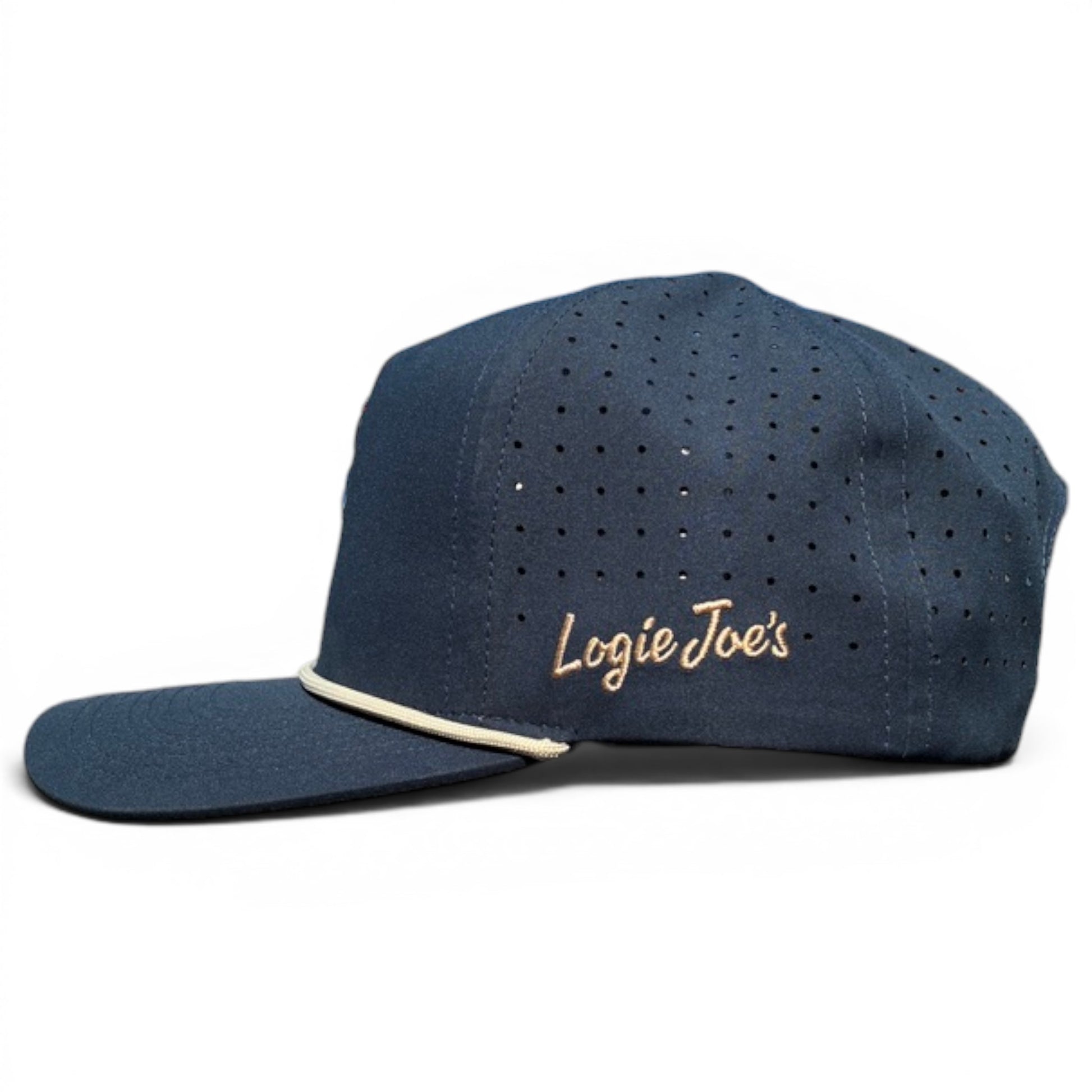 The Parrot Patrol Golf Hat is a steel blue adjustable snapback cap with small vent holes, white piping above the brim, and an included magnetic ball marker holder; "Logie Joes" is embroidered in white script on the side.