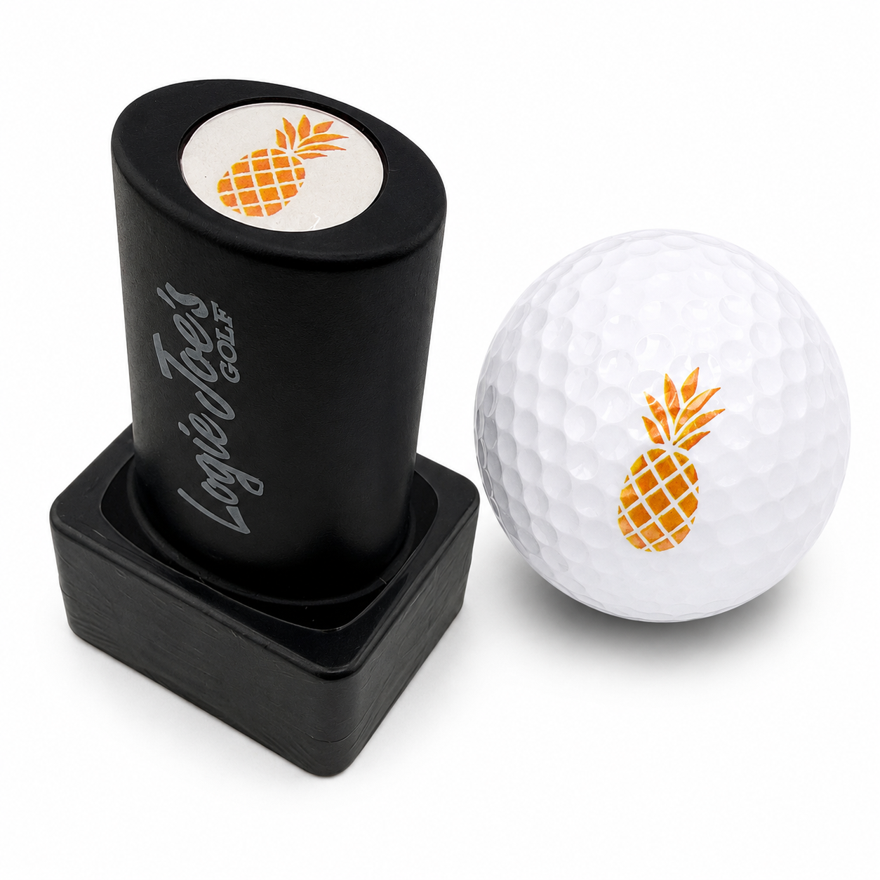 The Pineapple Golf Ball Stamp offers quick-dry ink for easy ball identification, featuring an orange pineapple logo—an ideal fun golf gift for any enthusiast.