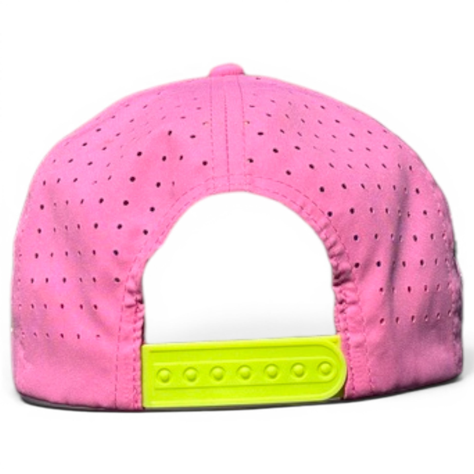 The image shows the back of the pink Coconut Cocktail Golf Hat, a snapback cap with perforations, a neon yellow adjustable closure, and a built-in magnetic ball marker holder with marker included for an adjustable fit.