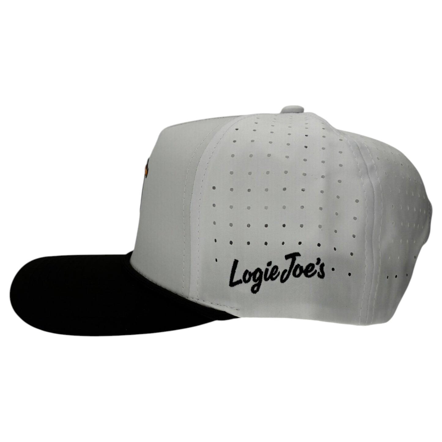The Albatross Golf Hat is a white adjustable snapback cap with a black brim, built-in magnetic ball marker holder (marker included), side ventilation holes, and "LogieJoes" embroidered in black script near the back.