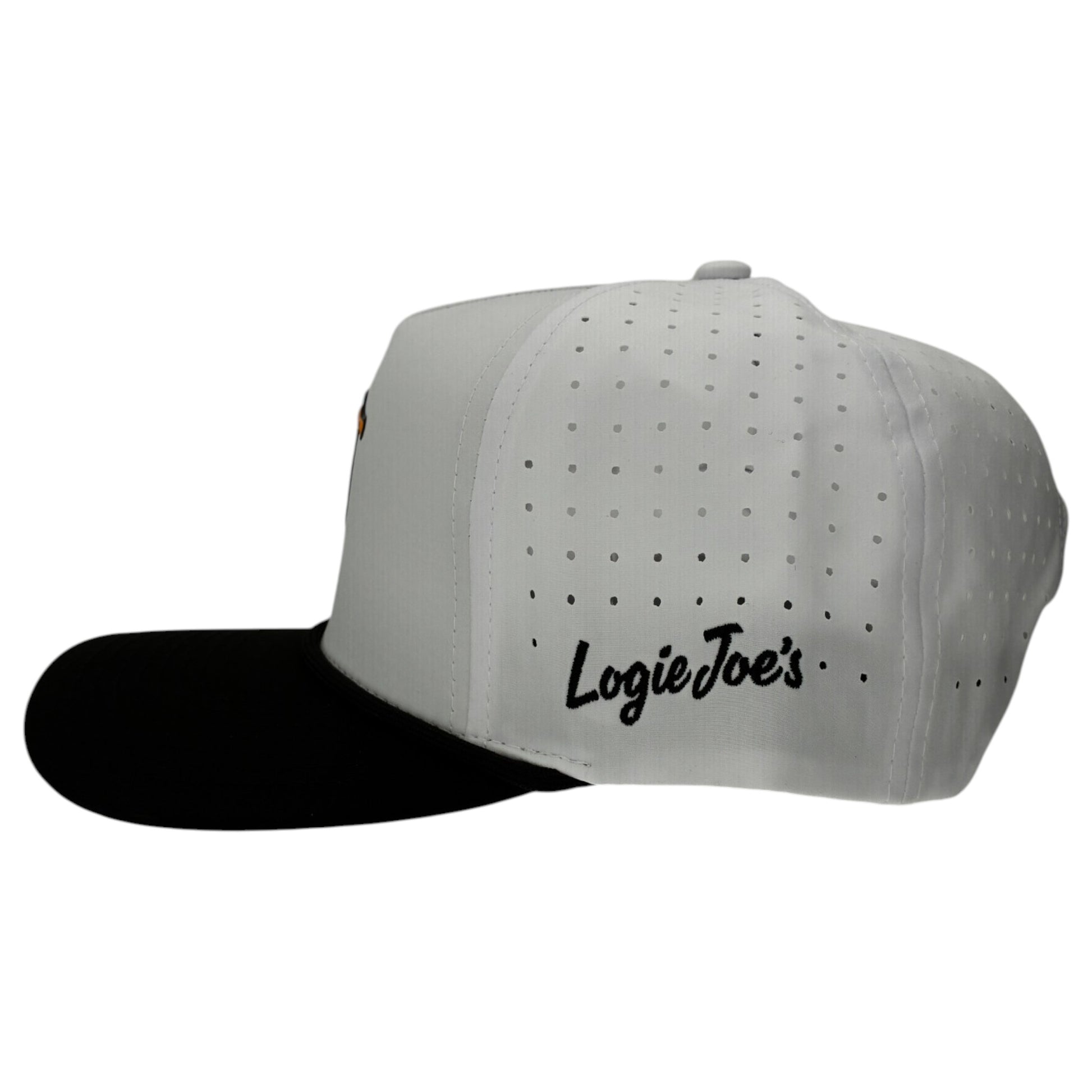 The Albatross Golf Hat is a white adjustable snapback cap with a black brim, built-in magnetic ball marker holder (marker included), side ventilation holes, and "LogieJoes" embroidered in black script near the back.