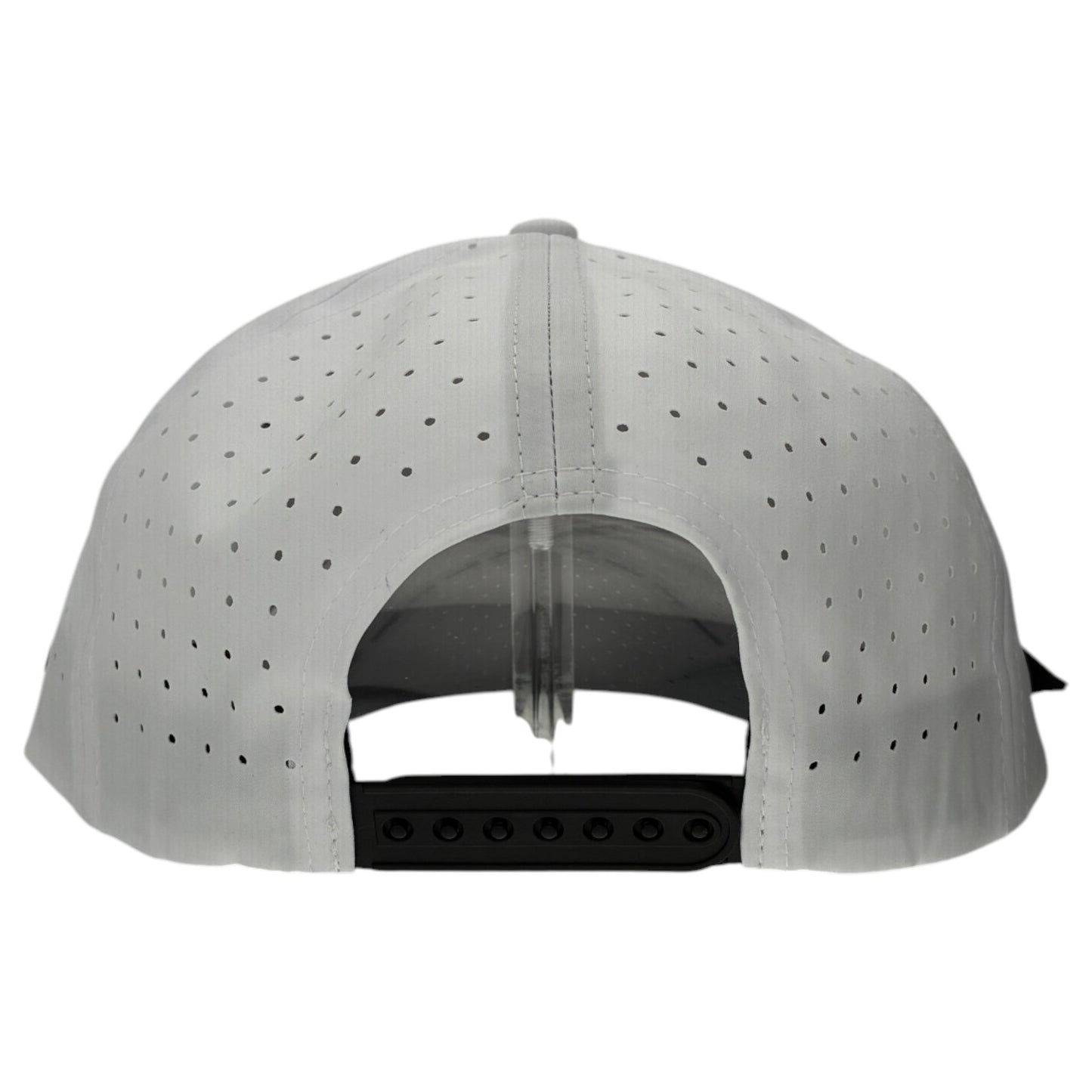 Back view of the Albatross Golf Hat | Snapback Cap in light gray, featuring small ventilation holes, an adjustable black snapback, and a built-in magnetic ball marker holder with included marker—ideal for golf lovers.