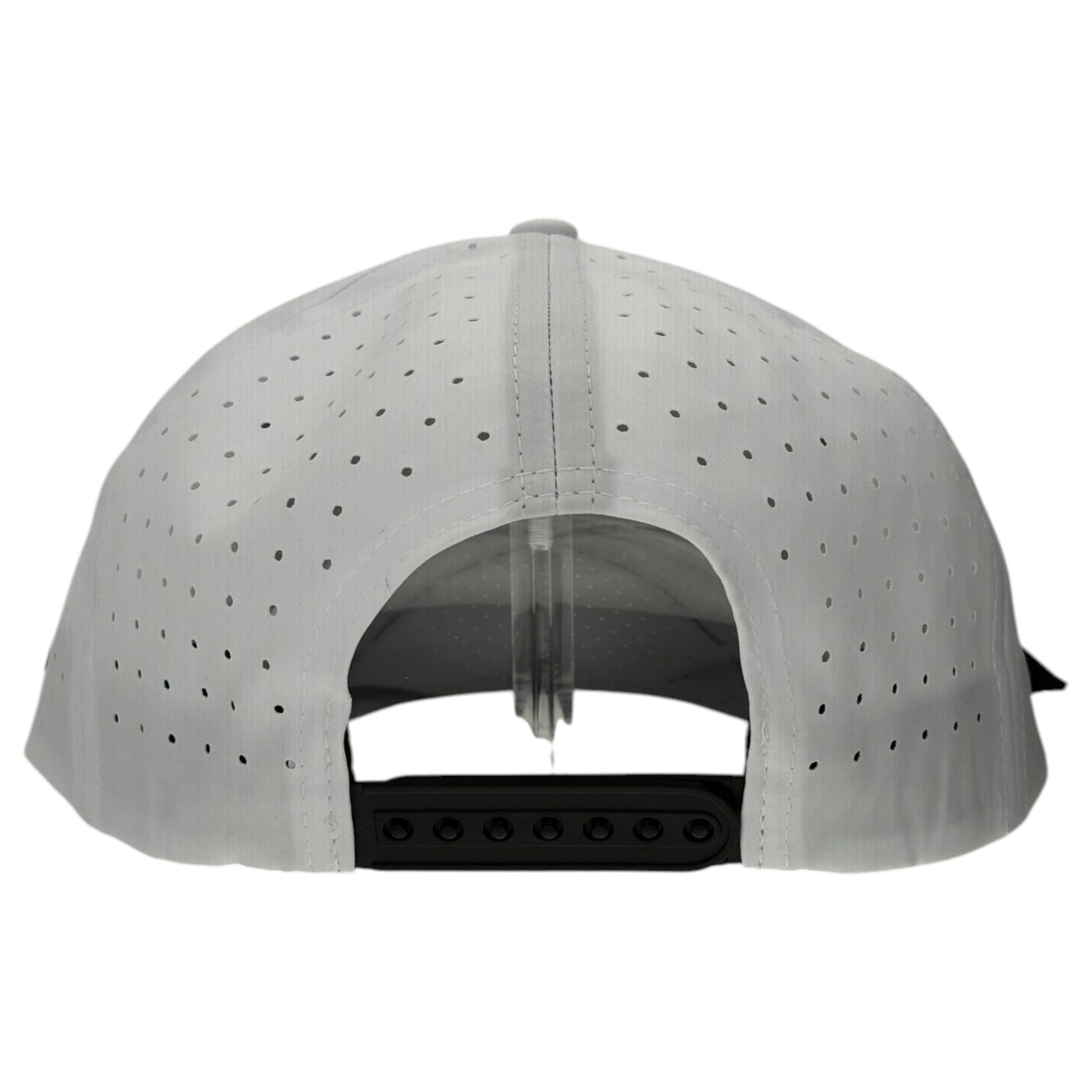 Back view of the Albatross Golf Hat | Snapback Cap in light gray, featuring small ventilation holes, an adjustable black snapback, and a built-in magnetic ball marker holder with included marker—ideal for golf lovers.
