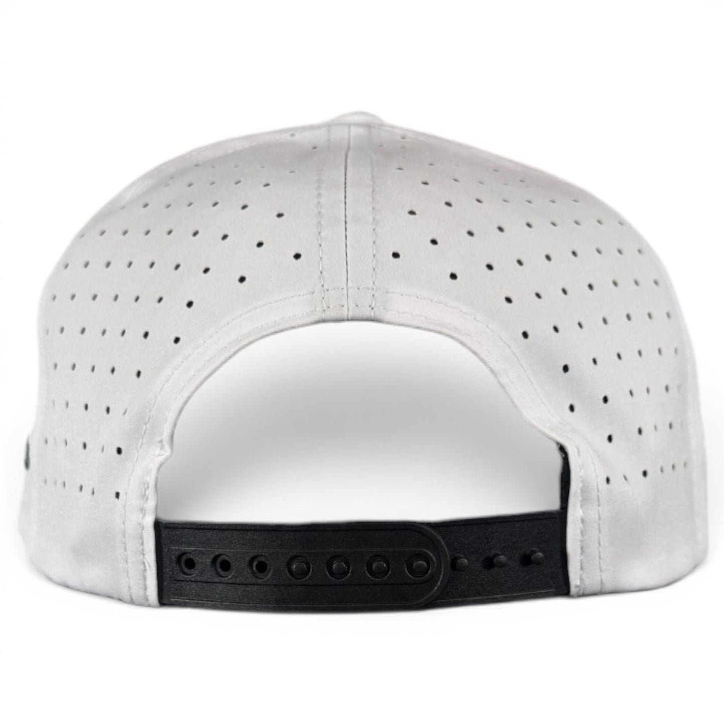 The image shows the back of a white Albatross Golf Hat featuring a black adjustable snapback, built-in magnetic ball marker holder with marker, offering golfers style and convenience.