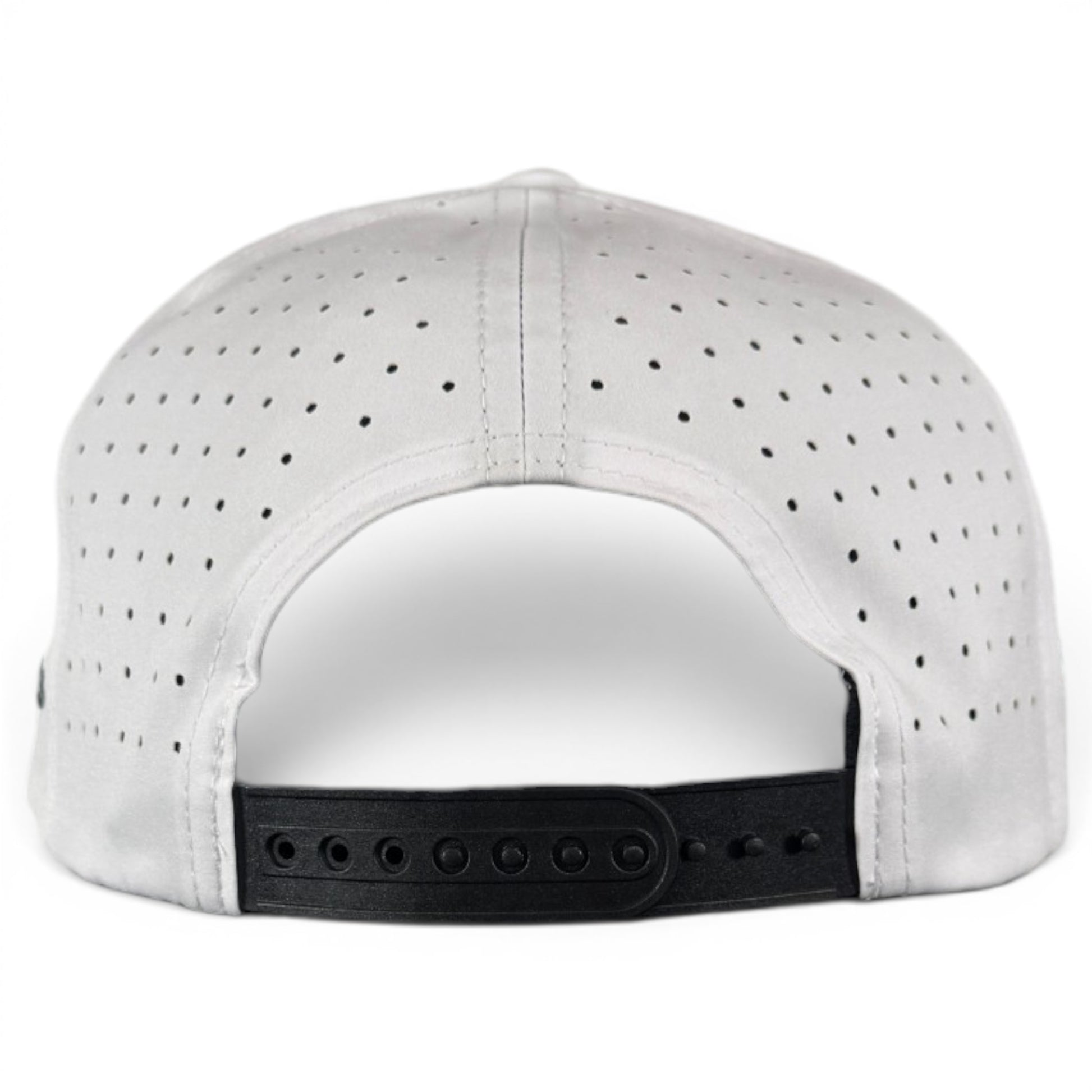 The image shows the back of a white Albatross Golf Hat featuring a black adjustable snapback, built-in magnetic ball marker holder with marker, offering golfers style and convenience.