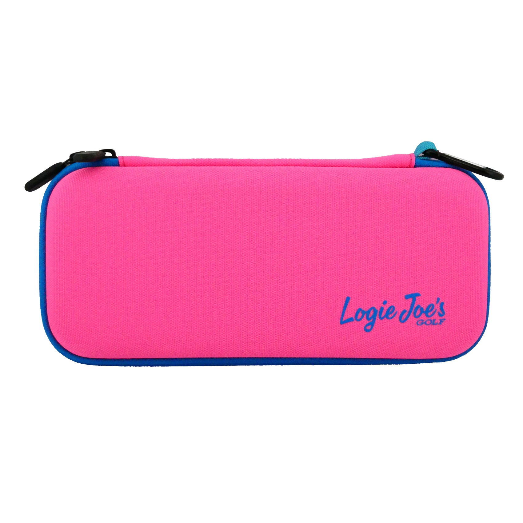 The Pink/Blue Golf Accessory Case is a hard shell zippered organizer for ball markers, tees, divot tools, and gloves, featuring blue "Logie Joes GOLF" text on the bottom right corner and blue trim. Portable and perfect for golf accessories.