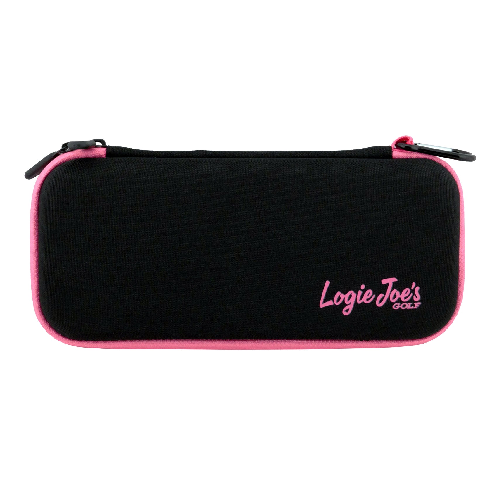 This Black/Pink Golf Accessory Case is a zippered hard shell organizer with pink edging, carabiner clip, and "Logie Joes GOLF" in pink on the lower right—ideal for tees, ball markers, divot tools, and your glove.