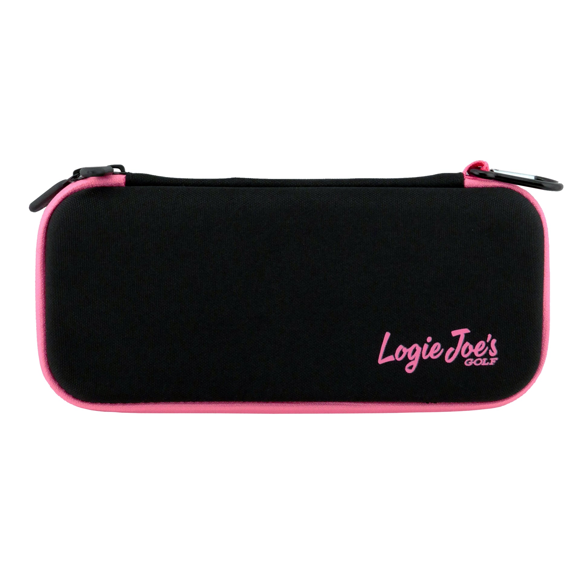 This Black/Pink Golf Accessory Case is a zippered hard shell organizer with pink edging, carabiner clip, and "Logie Joes GOLF" in pink on the lower right—ideal for tees, ball markers, divot tools, and your glove.