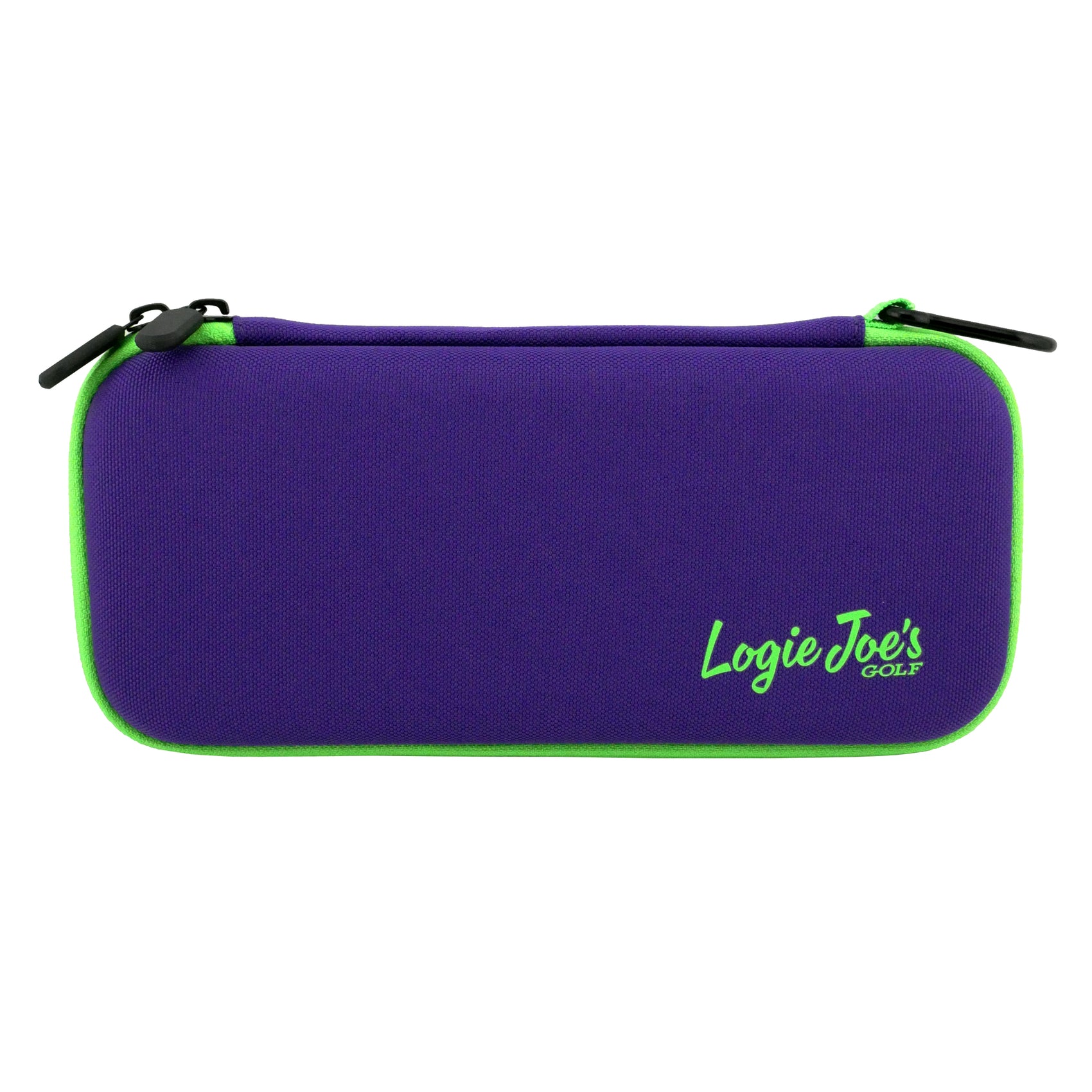 The Purple/Green Golf Accessory Case is a zippered, hard shell organizer with green trim and "Logie Joes GOLF" in green, ideal for storing ball markers, tees, divot tools & gloves. It’s portable and perfect as a travel case for golf accessories.