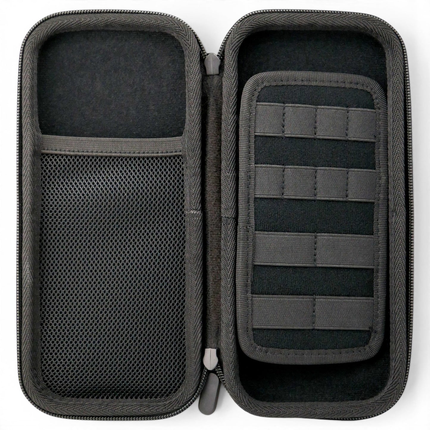 The Black/Pink Golf Accessory Case is a hard shell zippered organizer with a mesh pocket and elastic straps inside, ideal for storing ball markers, tees, divot tools, and gloves while traveling.