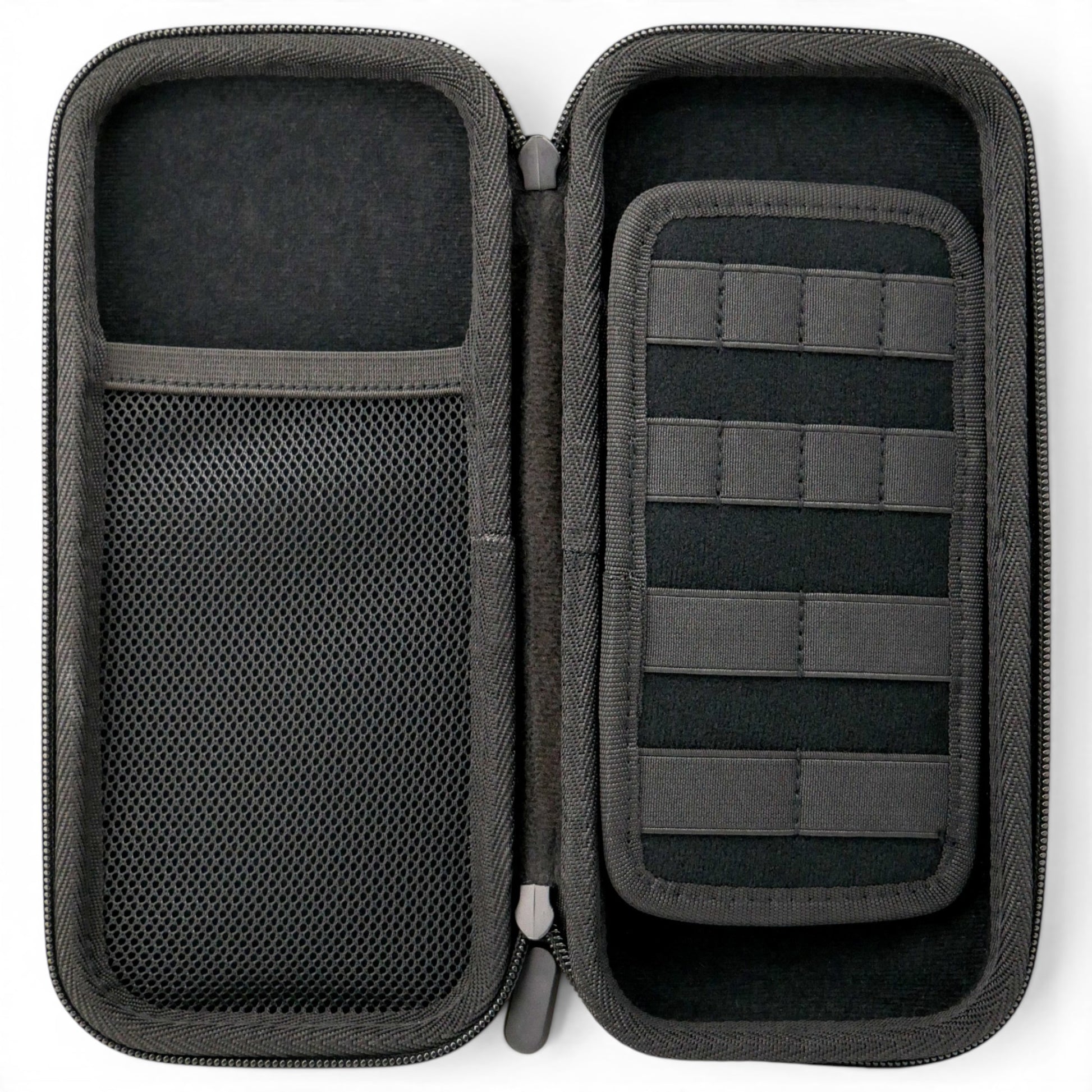 The Black/Pink Golf Accessory Case is a hard shell zippered organizer with a mesh pocket and elastic straps inside, ideal for storing ball markers, tees, divot tools, and gloves while traveling.