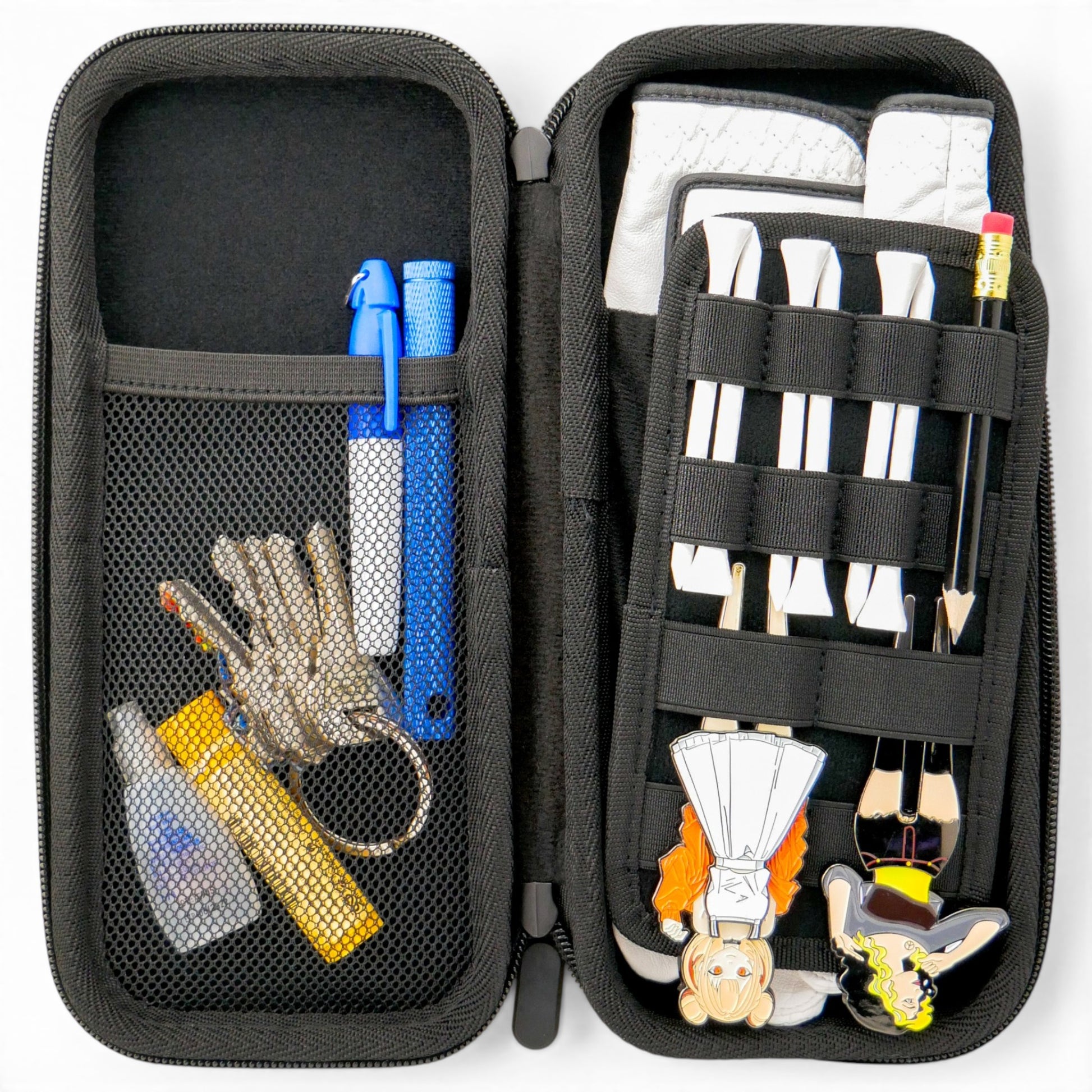 The Black/Pink Golf Accessory Case is a zippered hard shell organizer with mesh pockets and elastic slots—ideal for storing ball markers, tees, divot tools, gloves, and more—perfect portable storage for all your golf essentials.