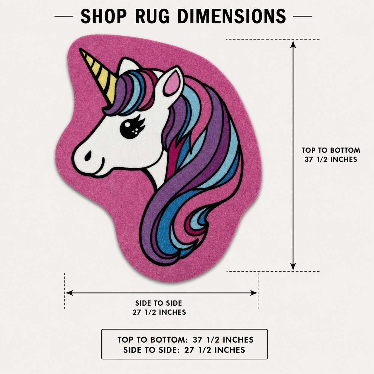 Illustration of the Cute Unicorn Golf Shop Mat from Logie Joe’s, featuring a colorful purple, blue, and pink mane. Rug measures 37.5" x 27.5". Text: Shop Mat Dimensions.