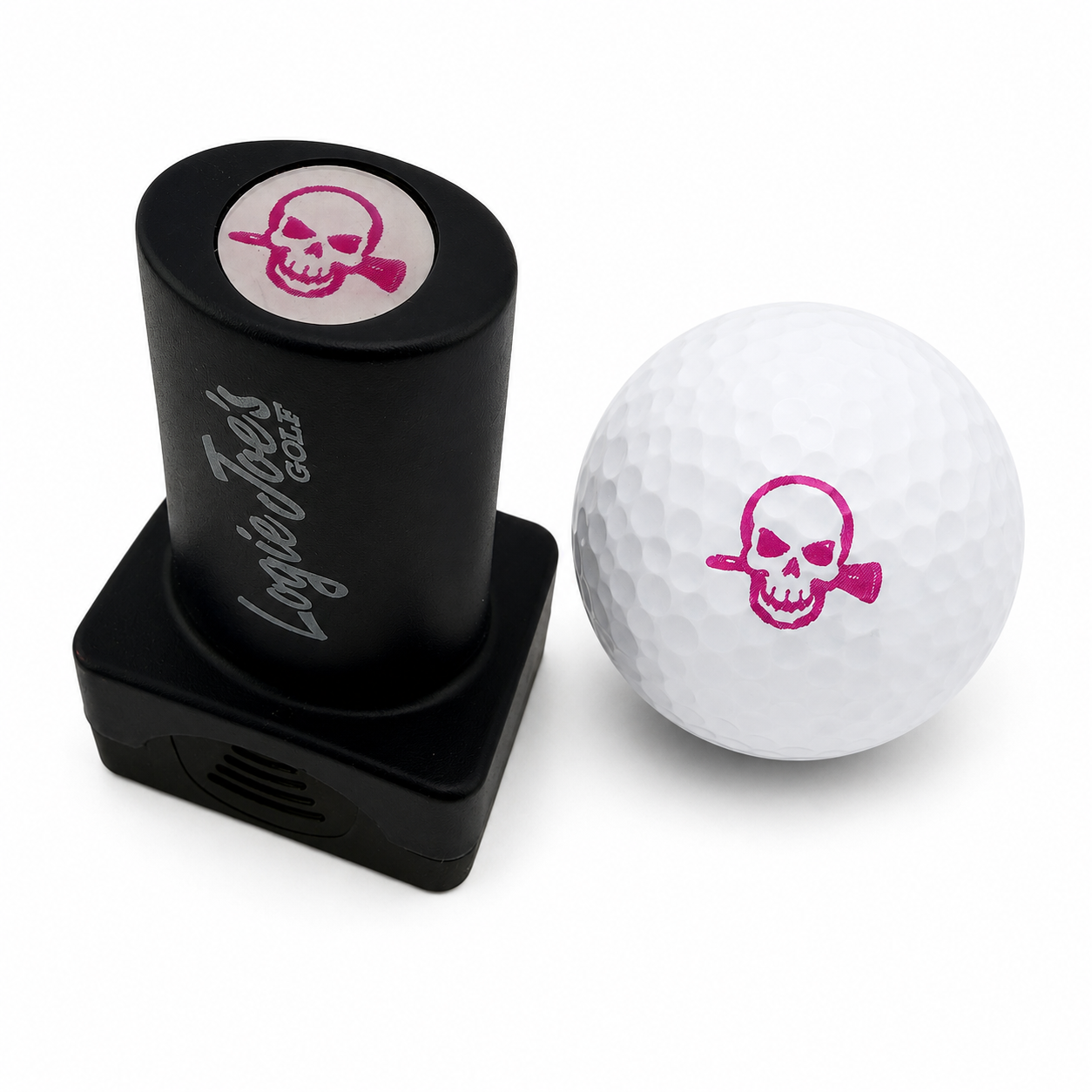 The Skull Ball Stamp features a pink skull and crossbones on black, offering quick-dry ink for easy golf ball identification—a fun, personalized accessory and ideal golf gift for enthusiasts.