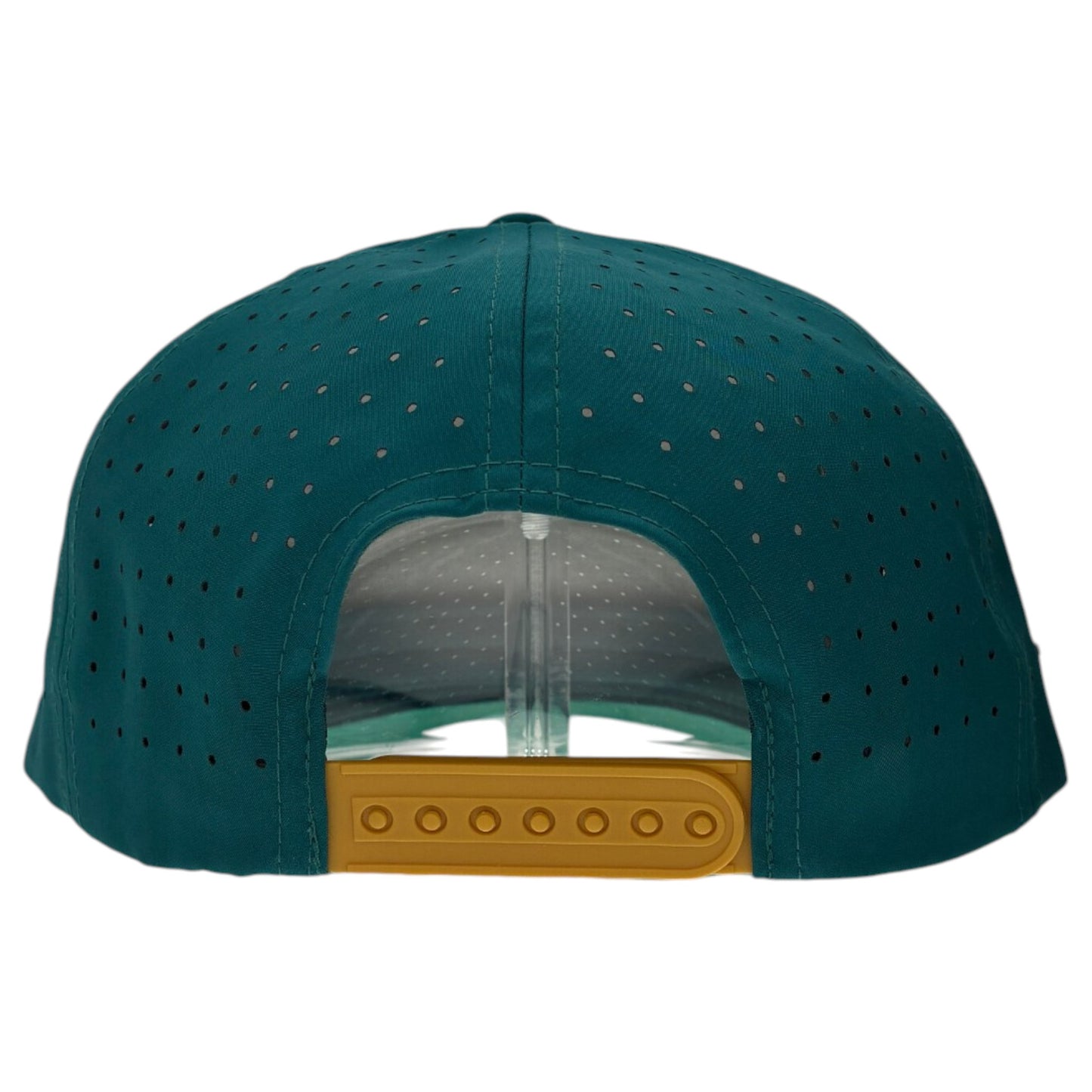The Driftwood Golf Hat in Wood Boat Teal is shown from the back, featuring a yellow adjustable snapback, ventilation holes, and a built-in magnetic ball marker holder with marker included.