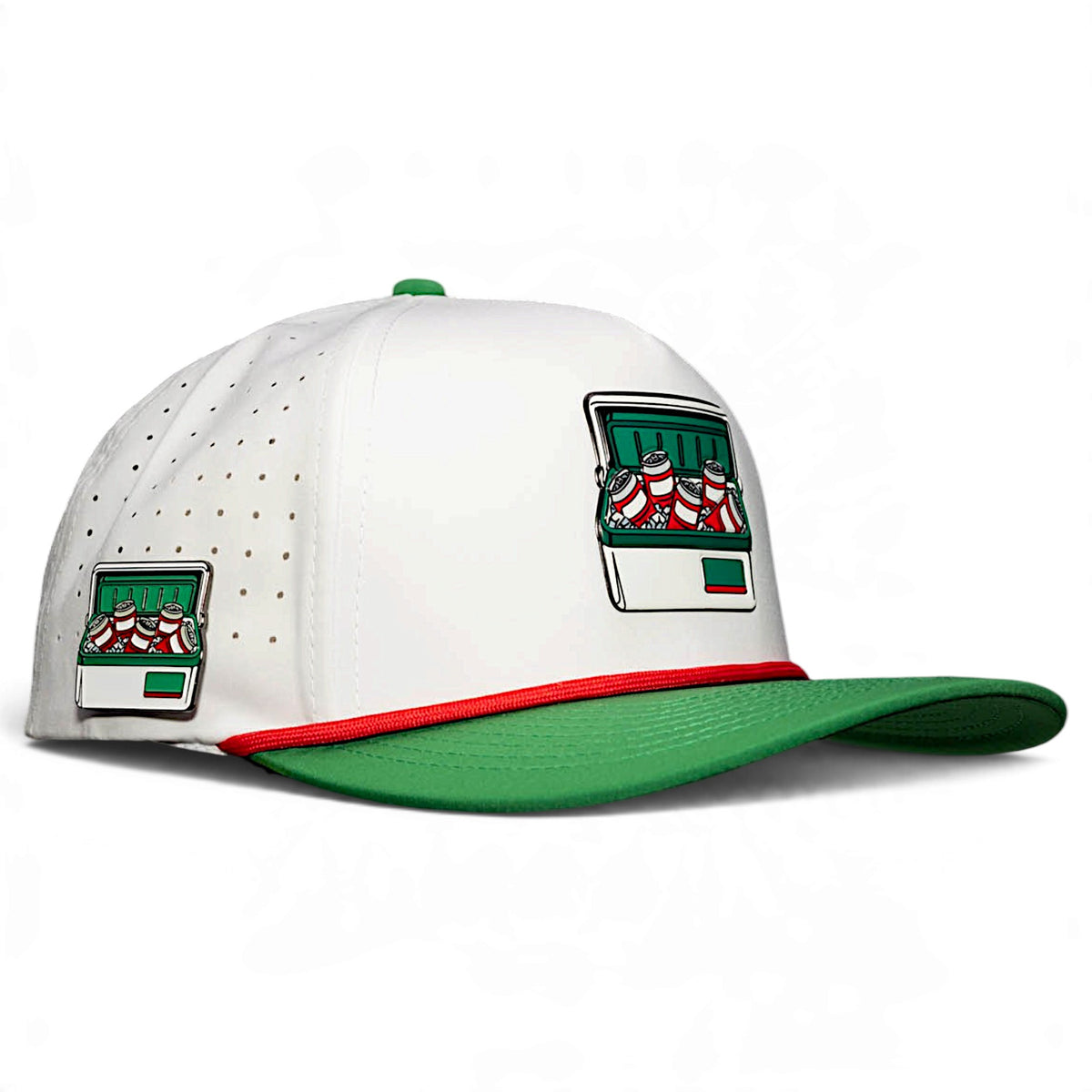 Vintage Cooler Golf Hat | Snapback Cap | Built-in Magnetic Ball Marker Holder + Marker Included | Adjustable White Green Beverages