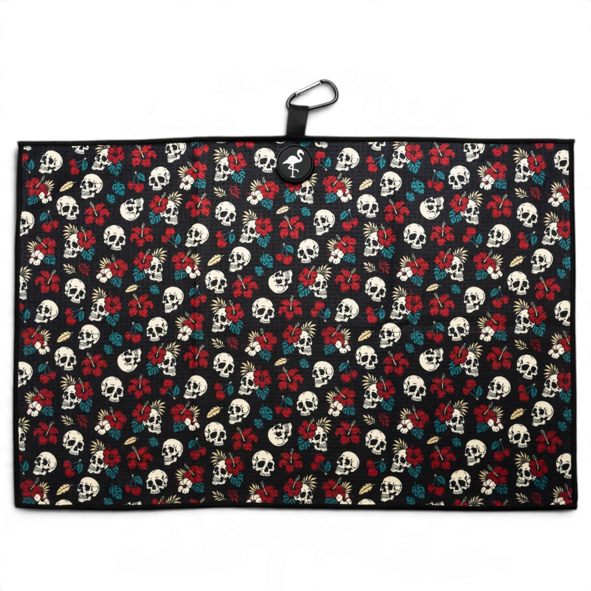Tropical Bones Golf Towel | 24” x 16” Microfiber Towel | Magnetic Clip & Carabiner | Premium Golf Accessory | Hibiscus Skull