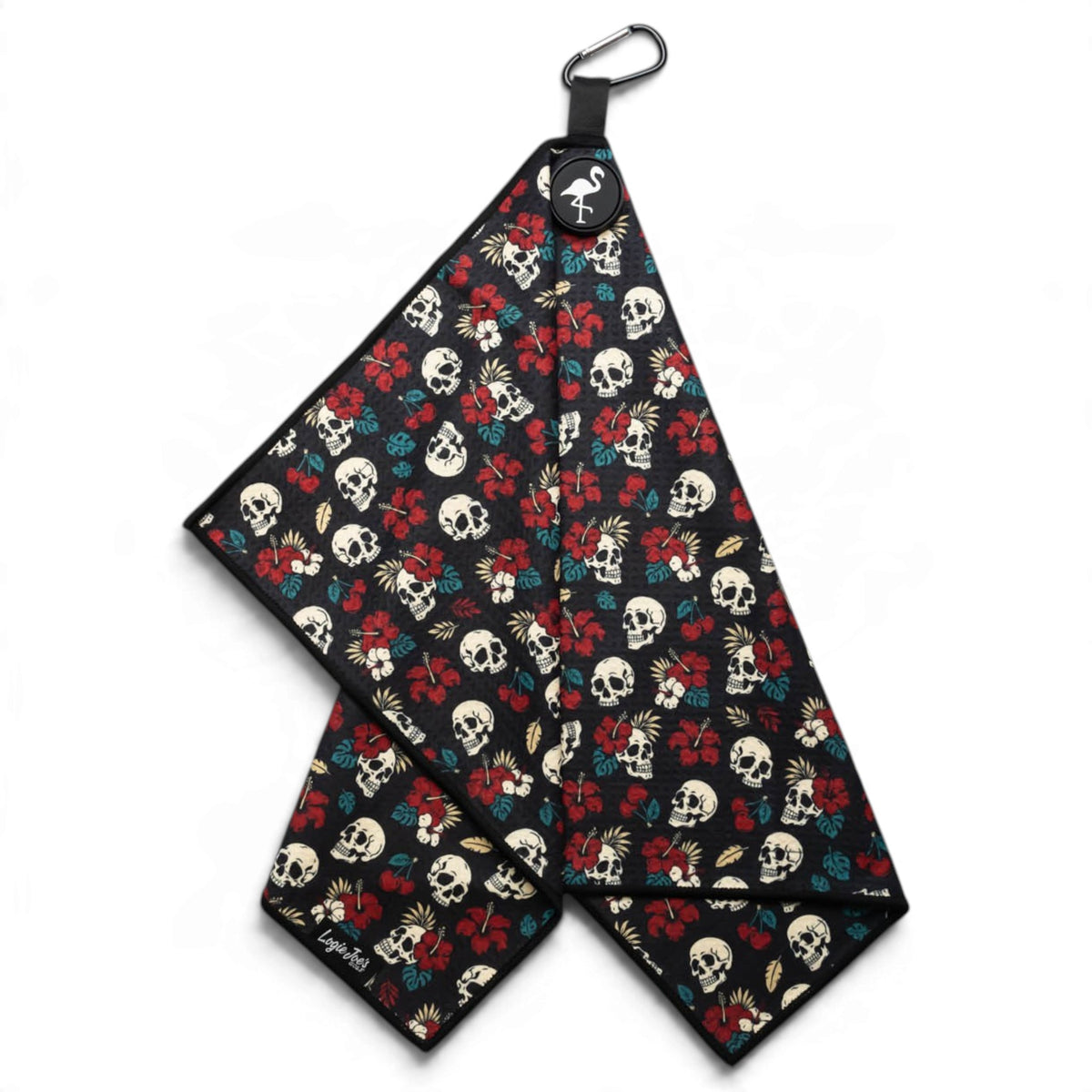Tropical Bones Golf Towel | 24” x 16” Microfiber Towel | Magnetic Clip & Carabiner | Premium Golf Accessory | Hibiscus Skull