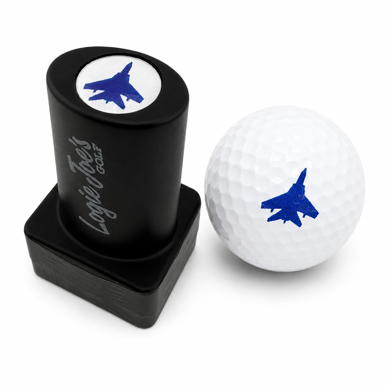 The Jet Blue Golf Ball Stamp lets you mark your golf ball with a unique blue jet silhouette, featuring quick-dry ink for easy identification. This fun golf gift is perfect for adding a personal touch on the course.