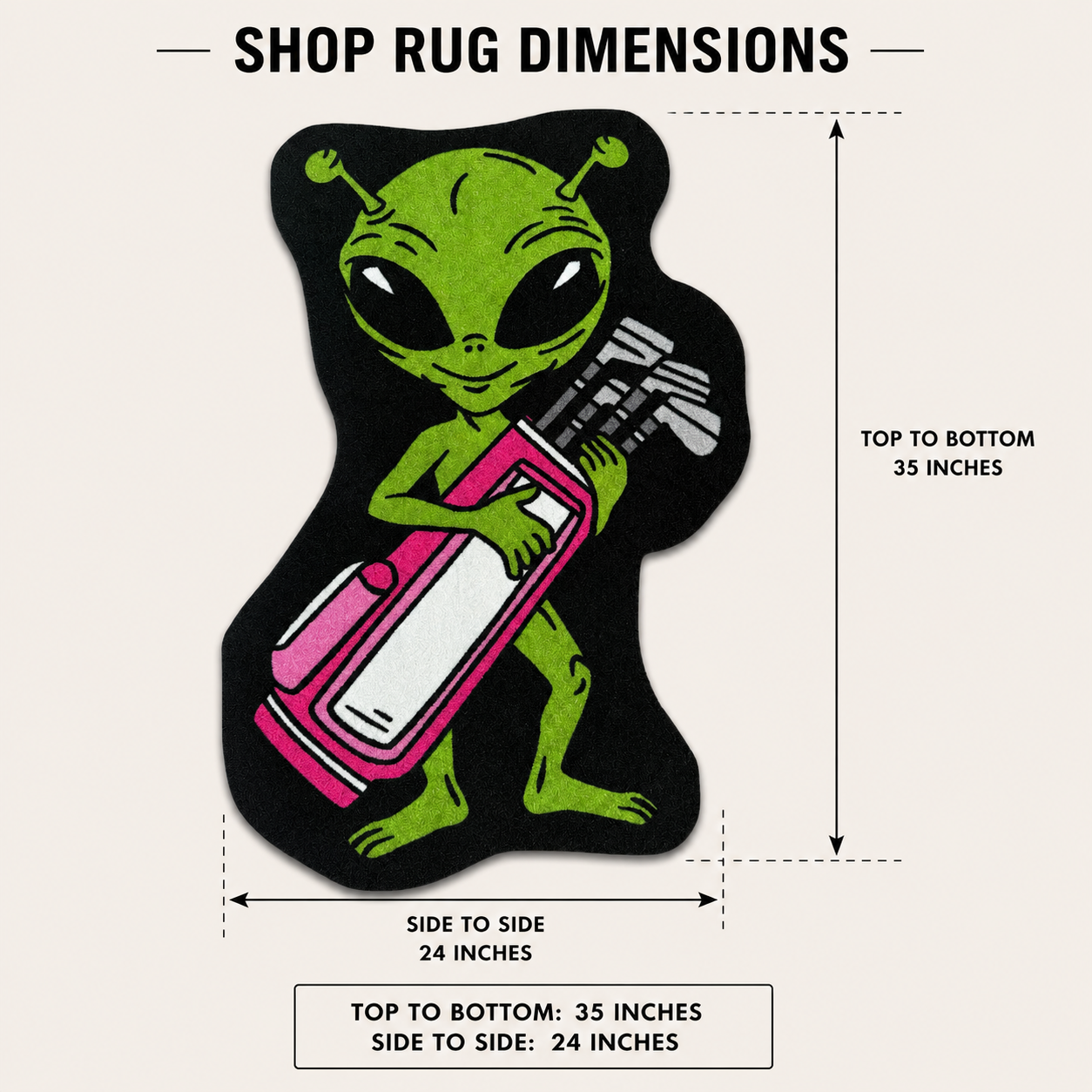 The Alien Caddy | Golf Shop Mat | Cart Accessory is a 35" x 24" rug shaped like a green alien holding a pink and white golf bag with clubs. "Shop Rug Dimensions" appears at the top—perfect for Logie Joe’s.