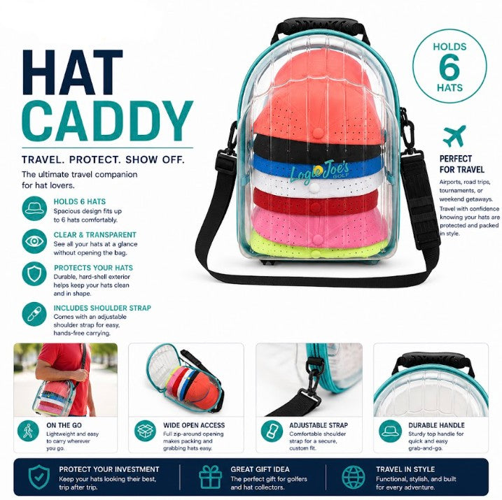 Hat Caddy with clear bag holding colorful hats, featuring text on benefits and uses. travel, hat case, hat caddy, travel gear, hat storage, hat organizer, airport, golf, golf accessories, baseball caps, snapback, trucker hats, gift