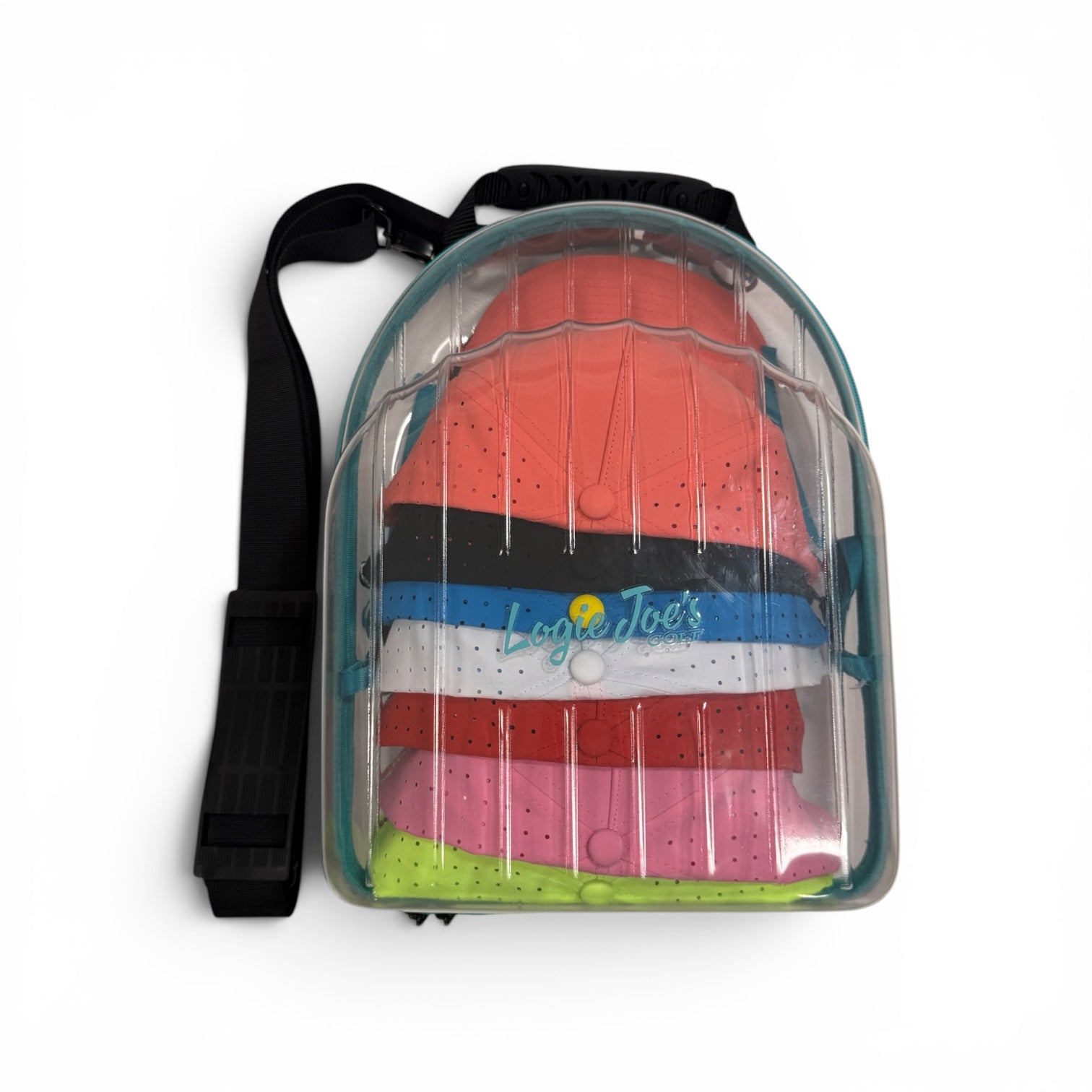 Hat Caddy with clear bag holding colorful hats, featuring text on benefits and uses. travel, hat case, hat caddy, travel gear, hat storage, hat organizer, airport, golf, golf accessories, baseball caps, snapback, trucker hats, gift