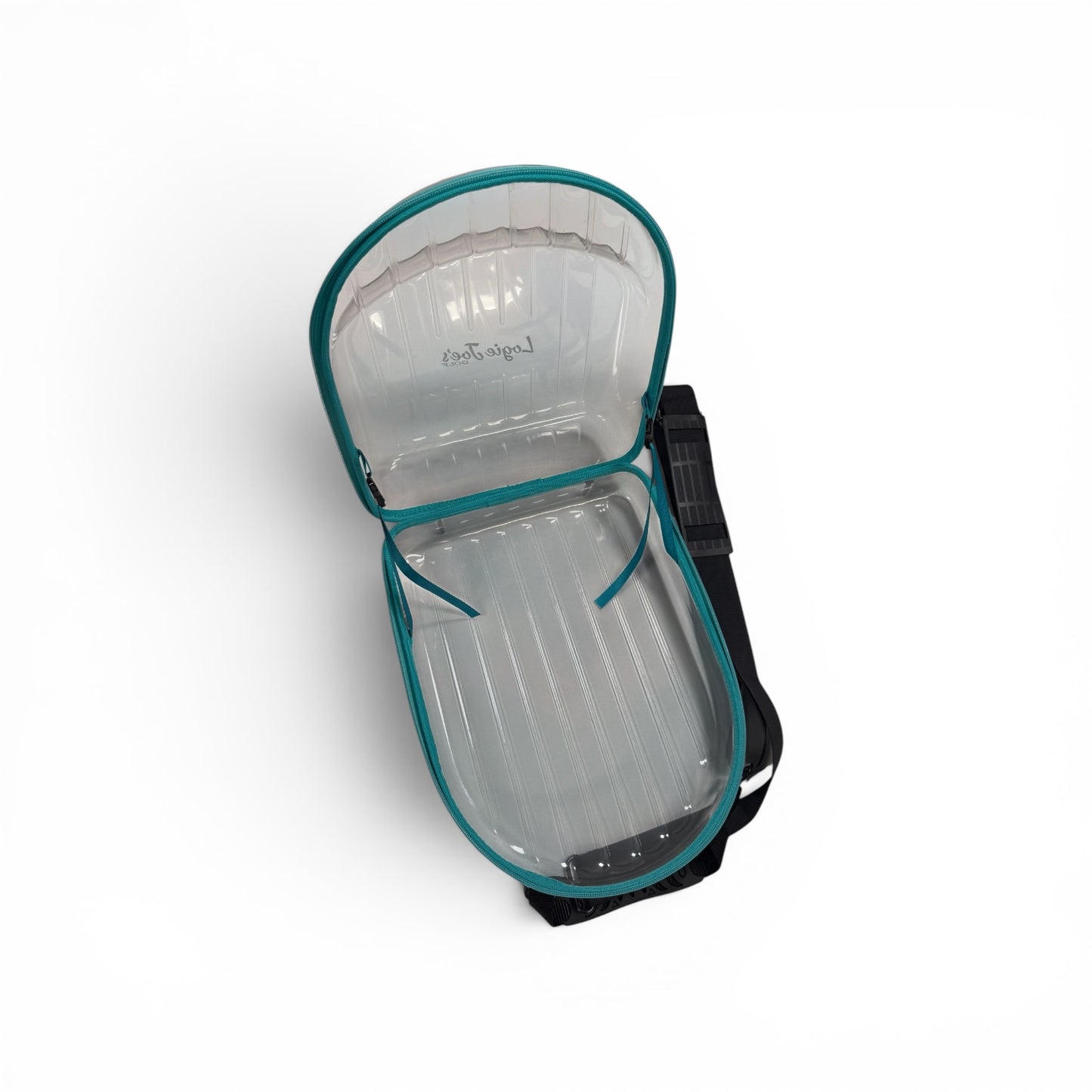 Hat Caddy with clear bag holding colorful hats, featuring text on benefits and uses. travel, hat case, hat caddy, travel gear, hat storage, hat organizer, airport, golf, golf accessories, baseball caps, snapback, trucker hats, gift