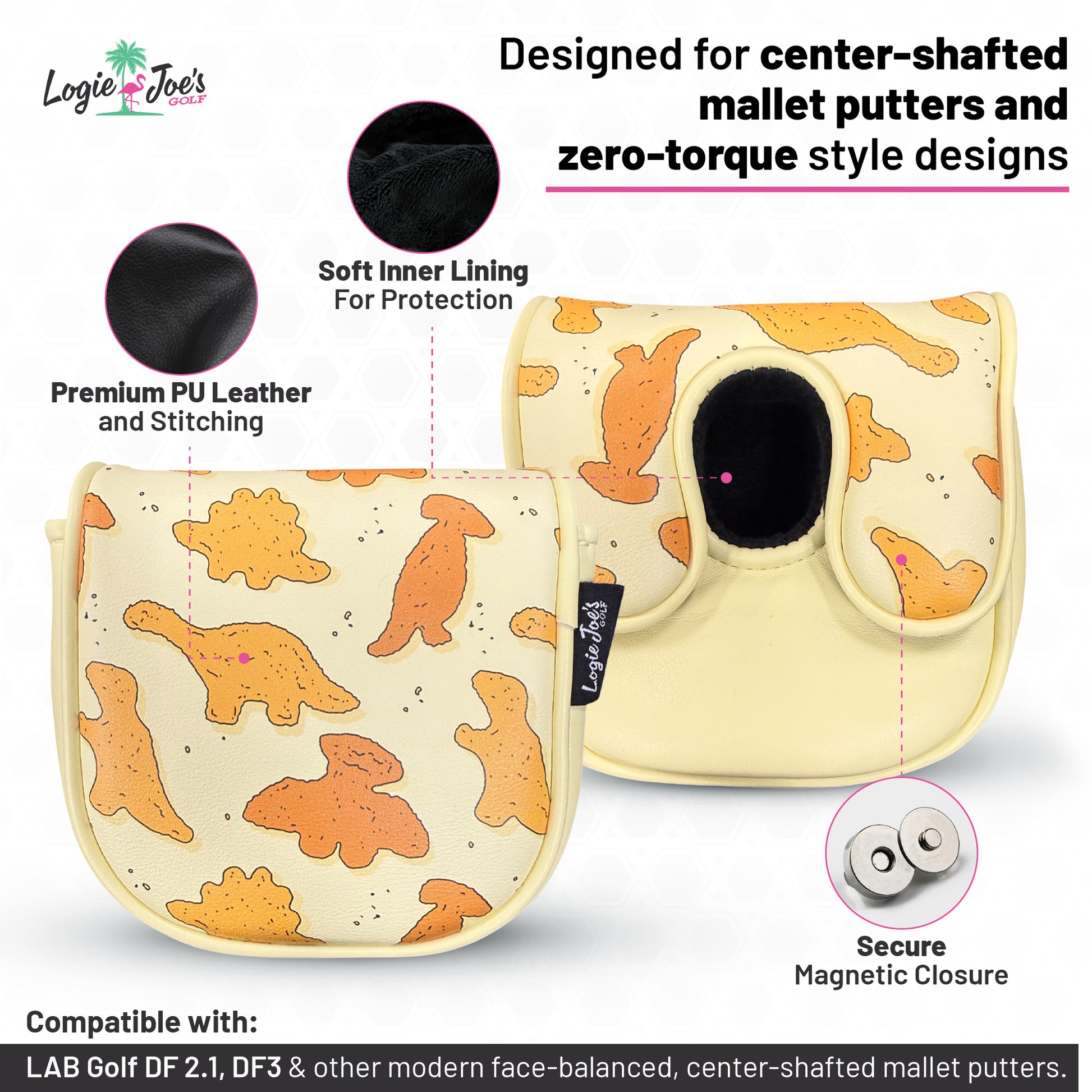 The Dino Nugget Center-Shafted Mallet Putter Headcover features a playful dog pattern, soft protective lining, and premium magnetic closure to fit center-shafted and zero-torque putters, keeping your golf club secure and stylish.