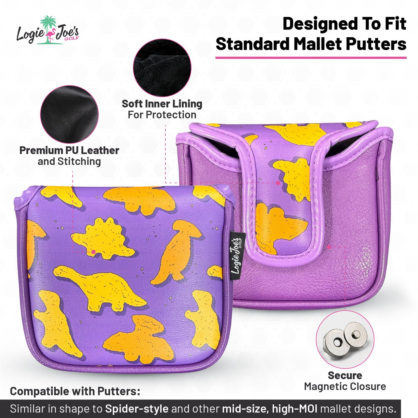 Protect your favorite putter with the Dino Nugget Mallet Putter Headcover, crafted from premium synthetic leather in purple with yellow dinosaur patterns. Features a secure magnetic closure and soft lining. Fits standard mallet putters.