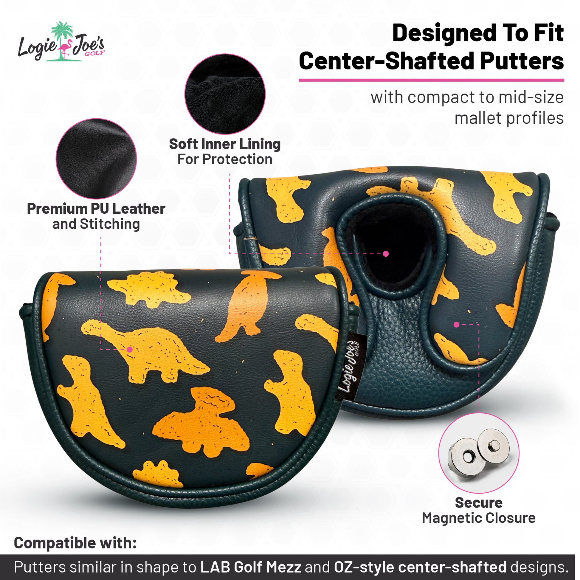 The Dino Nugget Center-Shafted Mid-Mallet Putter Headcover features dark green synthetic leather with yellow dinosaur designs, soft protective lining, premium stitching, and a secure magnetic closure for center-shafted compact to mid-size mallet putters.