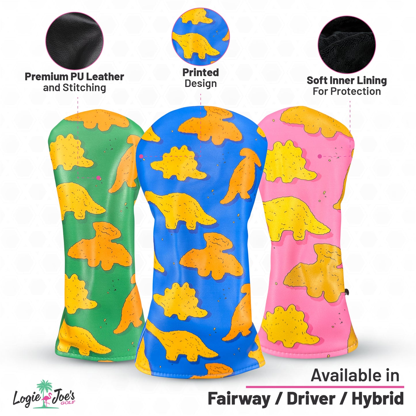 The Dino Nugget Driver Headcover features playful orange dinosaurs with yellow clouds on colorful backgrounds. Made from durable synthetic leather with a soft lining, it's a premium golf driver cover—matching fairway and hybrid options available.